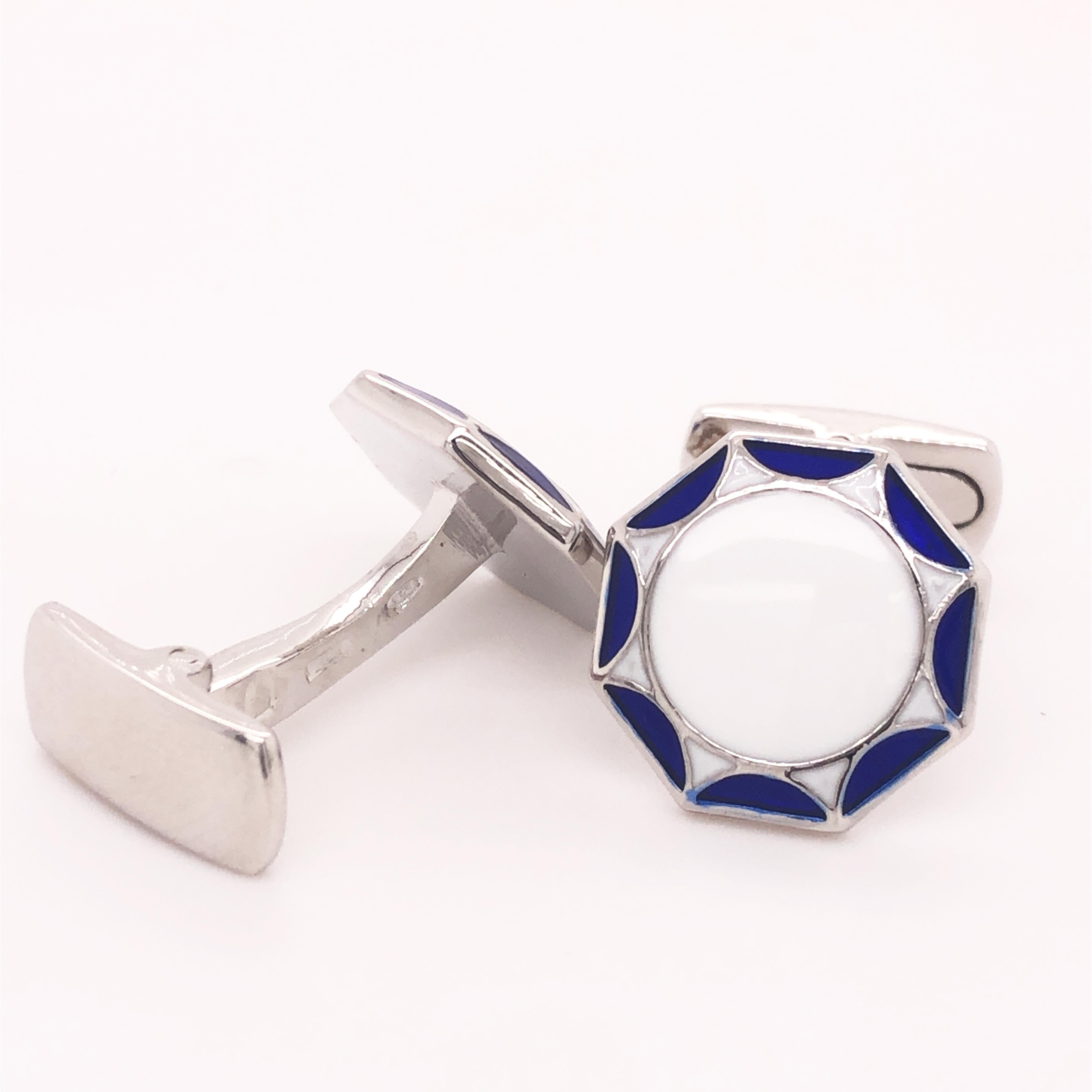 Berca White Navy Blue Enameled Sterling Silver Cufflinks T-Bar Back In New Condition For Sale In Valenza, IT