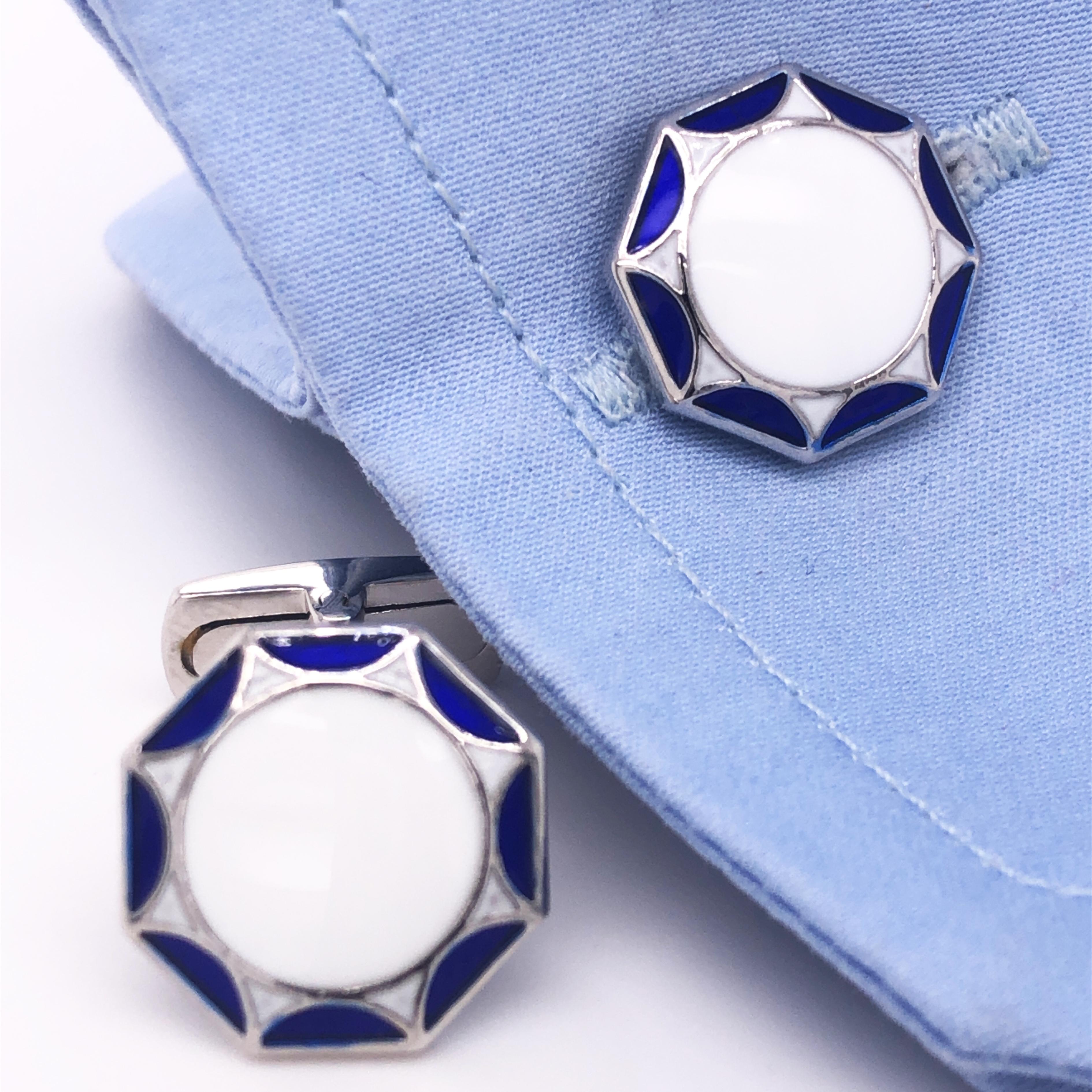 Men's Berca White Navy Blue Enameled Sterling Silver Cufflinks T-Bar Back For Sale