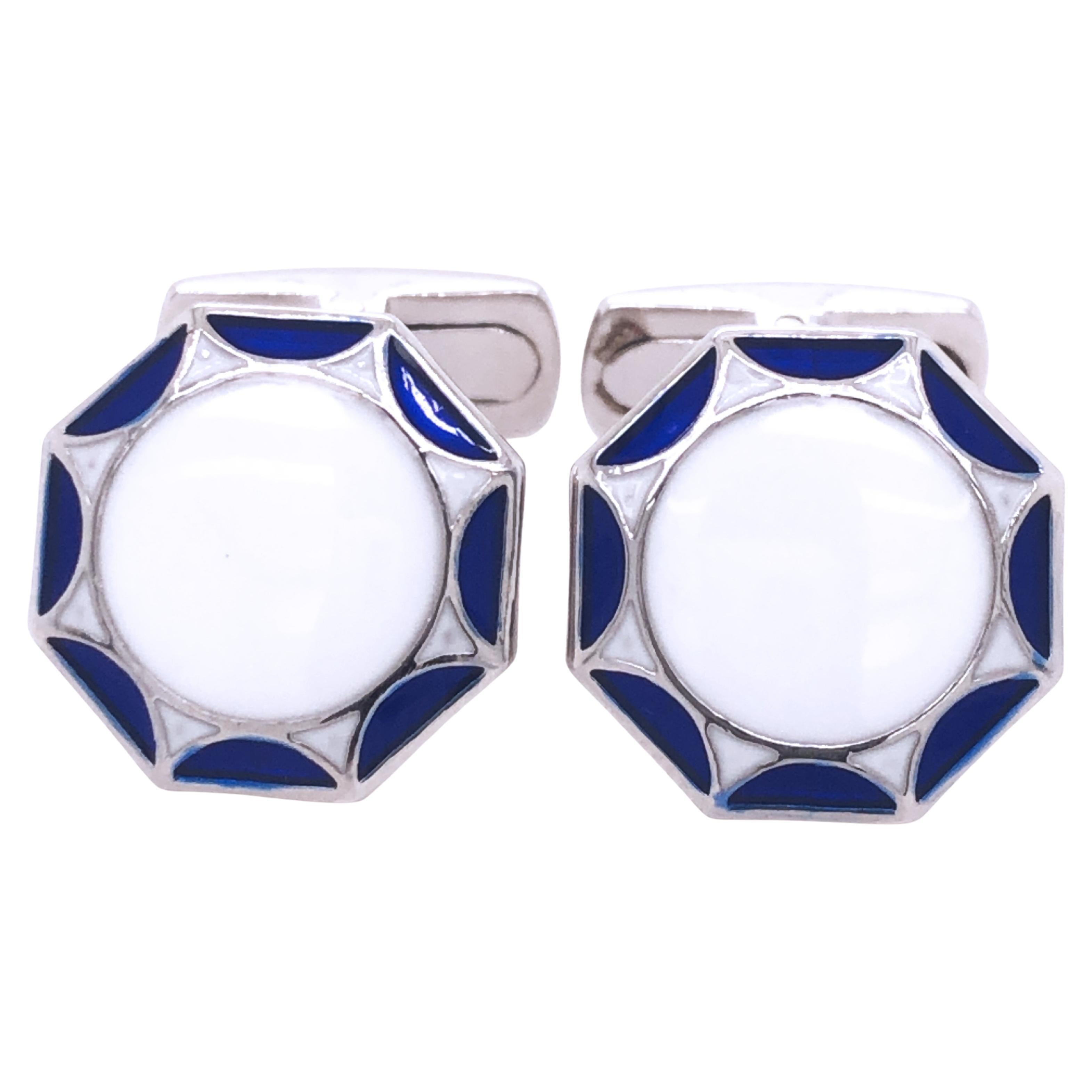 Berca White Navy Blue Enameled Sterling Silver Cufflinks T-Bar Back For Sale