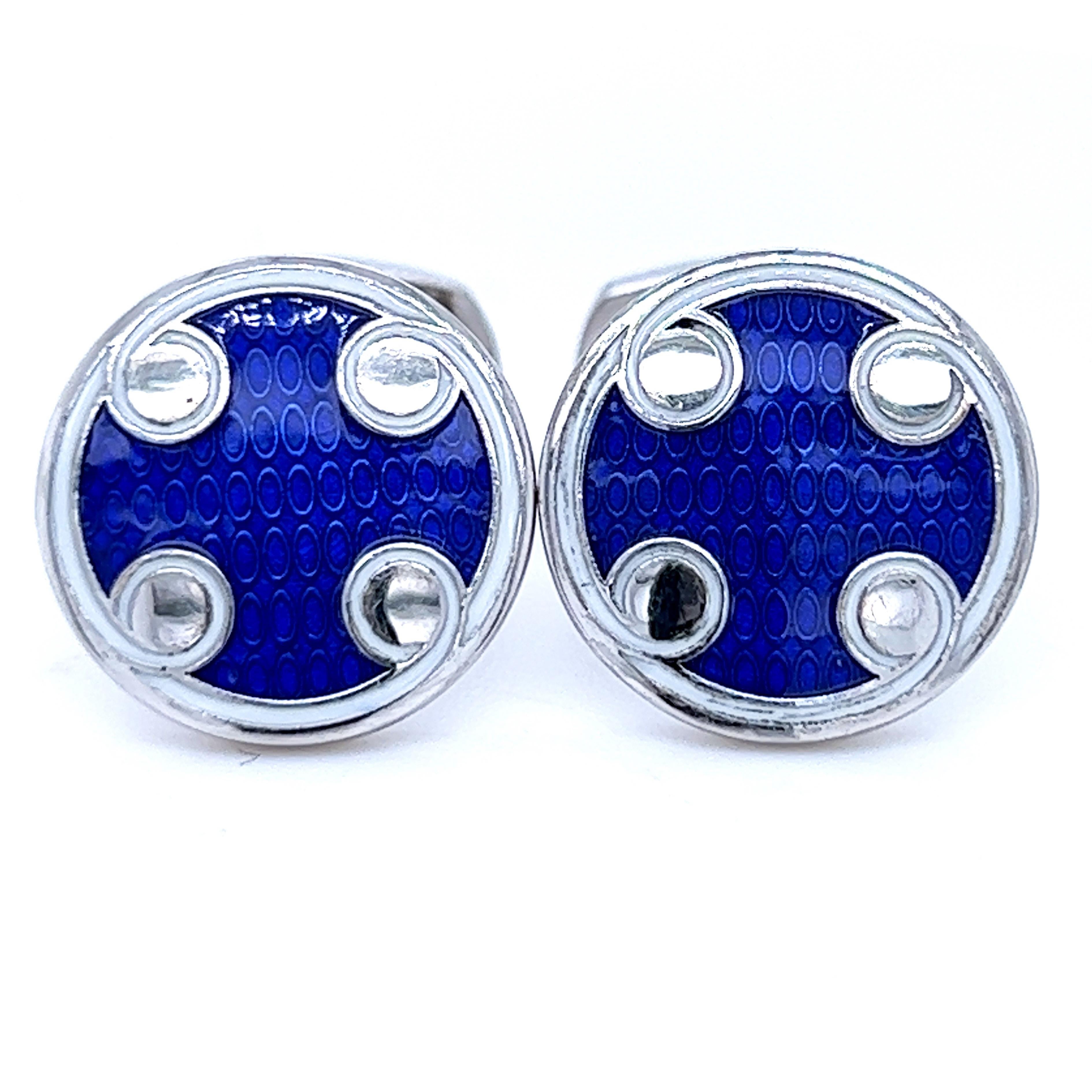 Contemporary Berca White Navy Blue Round Hand Enameled Sterling Silver Cufflinks For Sale