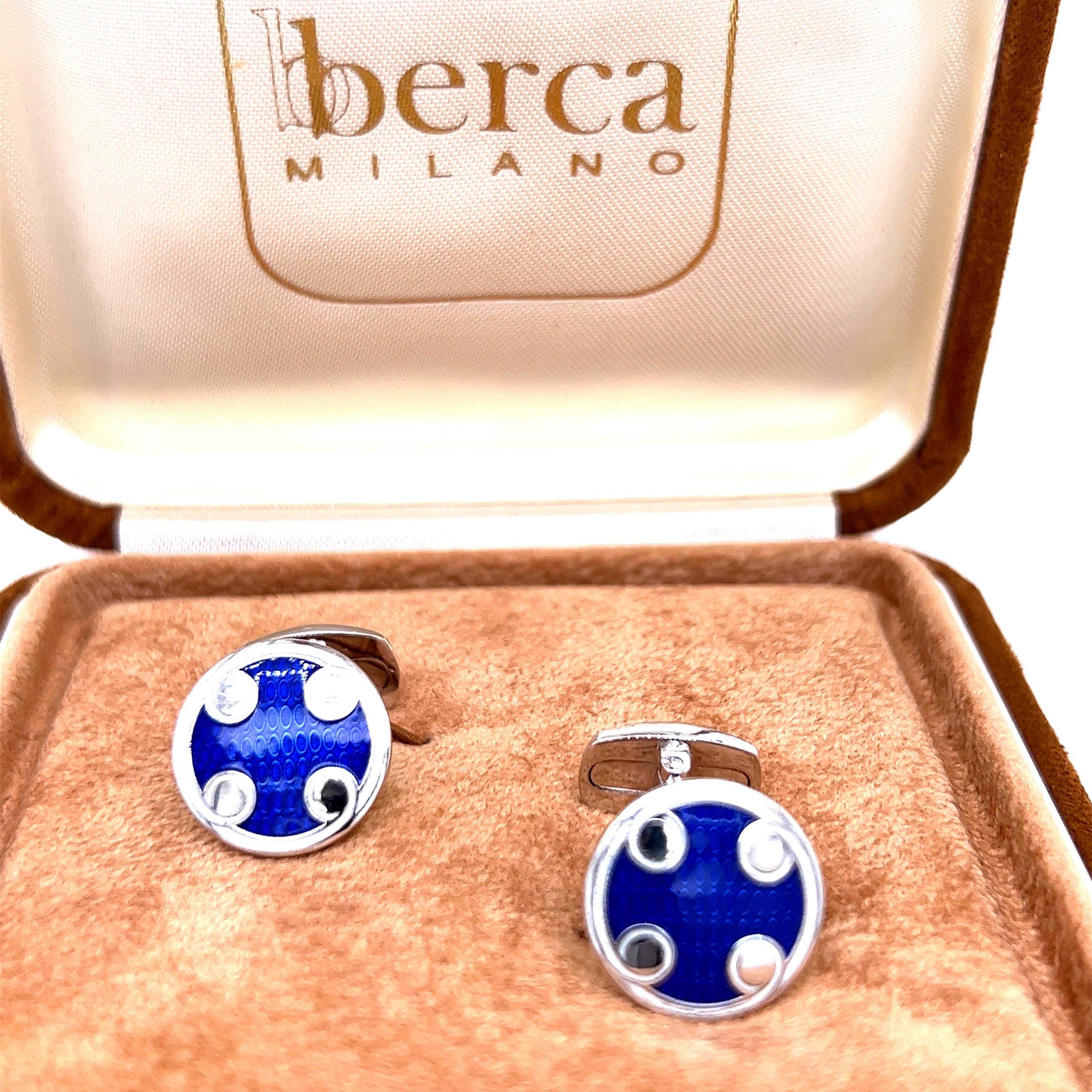 Berca White Navy Blue Round Hand Enameled Sterling Silver Cufflinks In New Condition For Sale In Valenza, IT