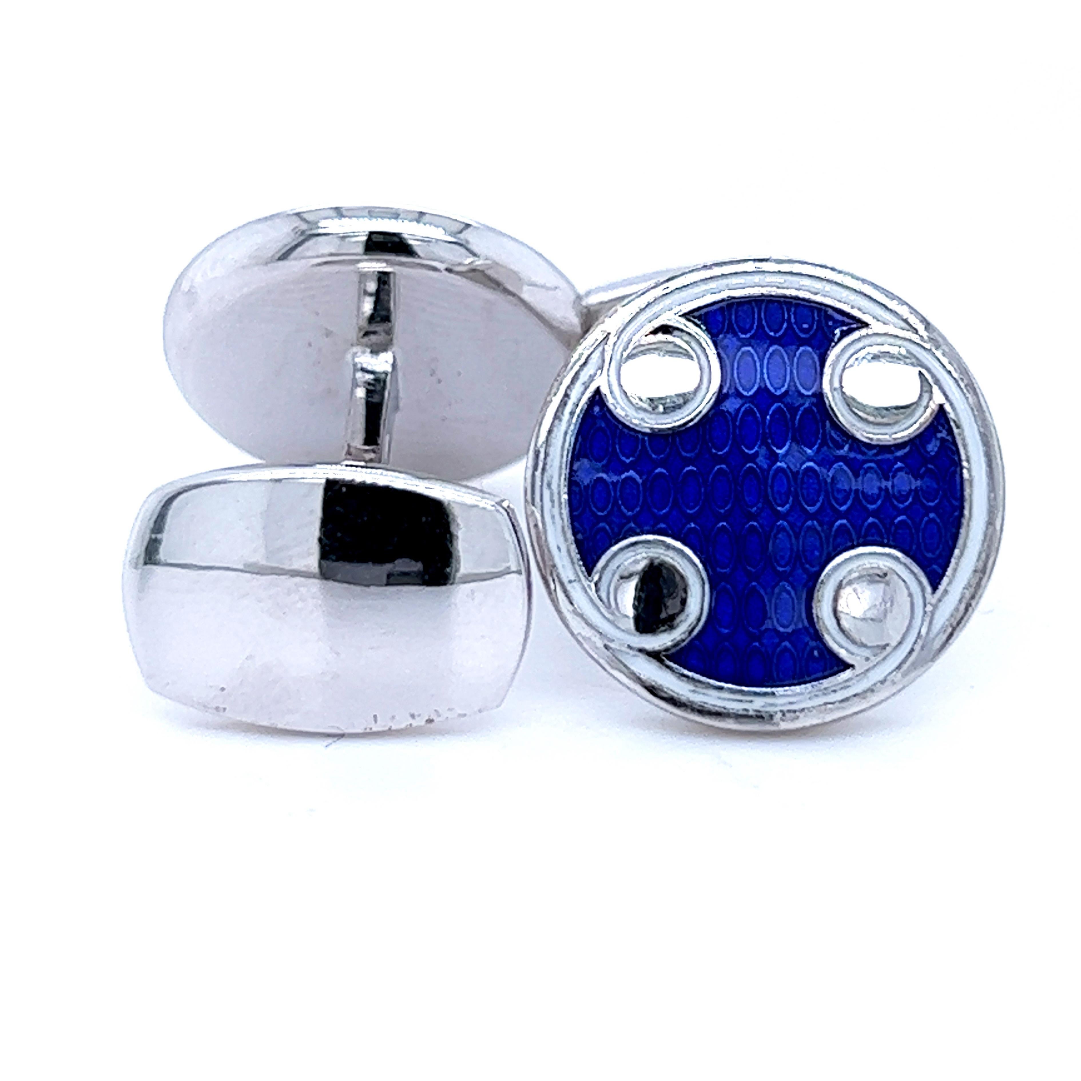 Berca White Navy Blue Round Hand Enameled Sterling Silver Cufflinks For Sale 1