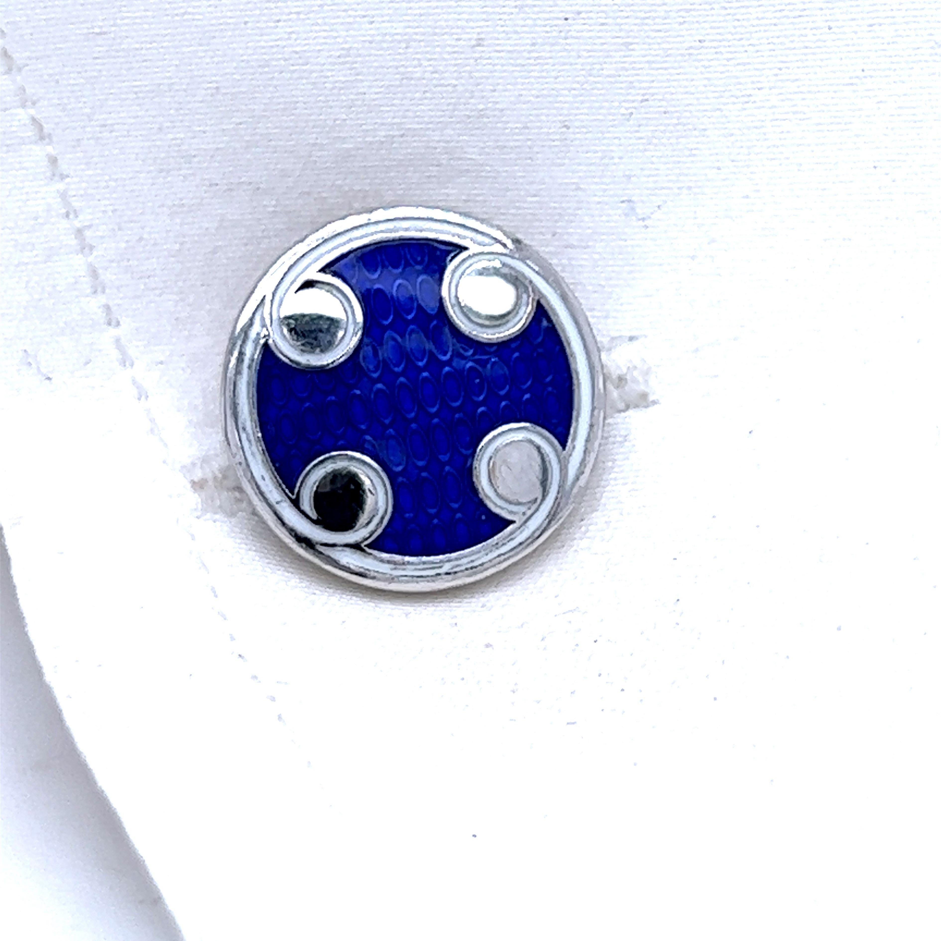 Berca White Navy Blue Round Hand Enameled Sterling Silver Cufflinks For Sale 2