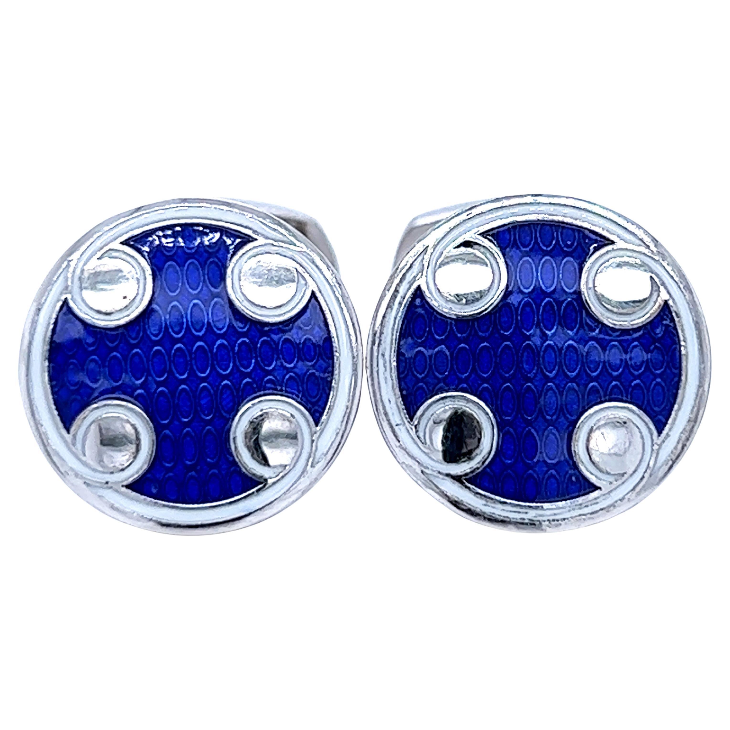 Berca White Navy Blue Round Hand Enameled Sterling Silver Cufflinks