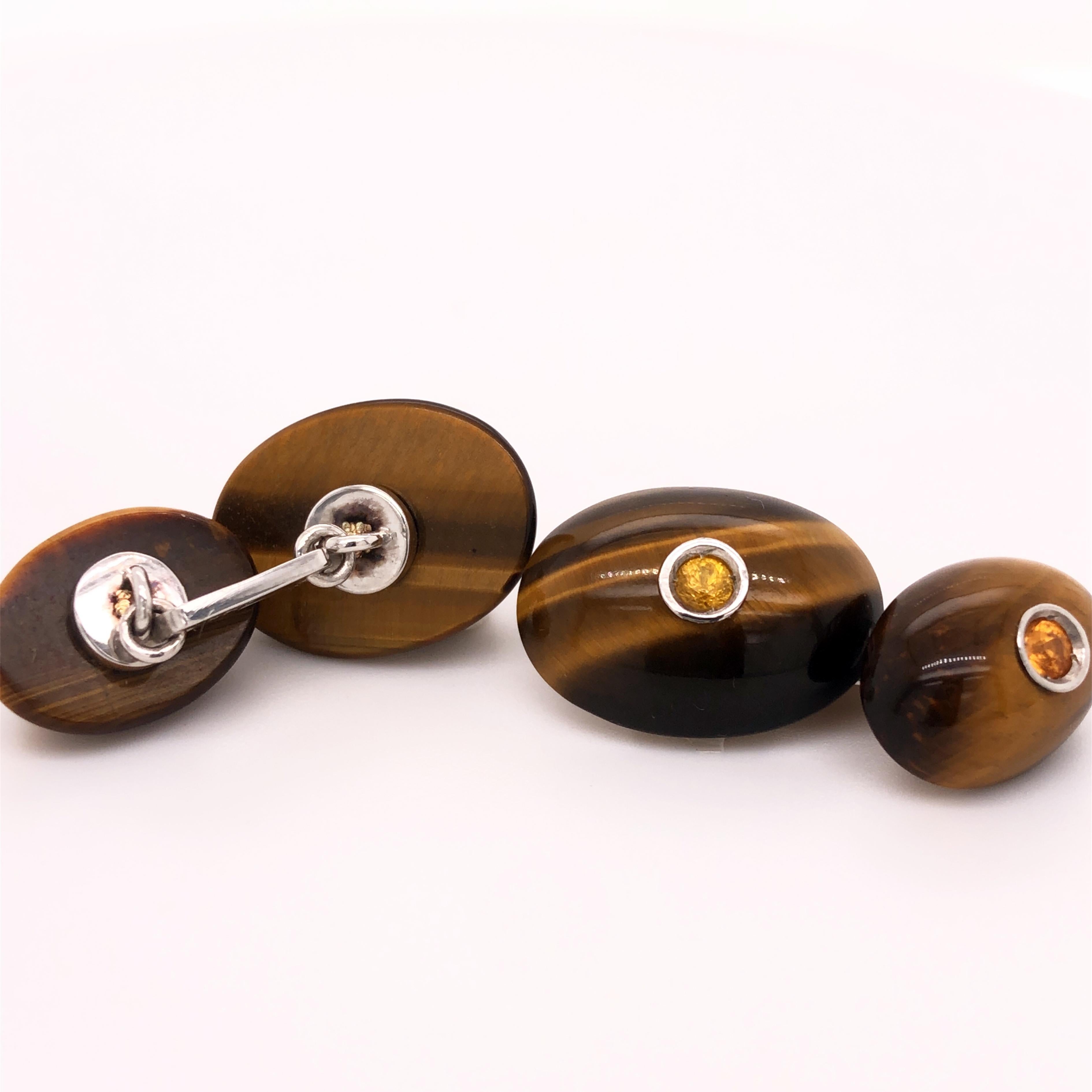 Berca Yellow Sapphire Hand Inlaid Tiger's Eye White Gold Cufflinks For Sale 5