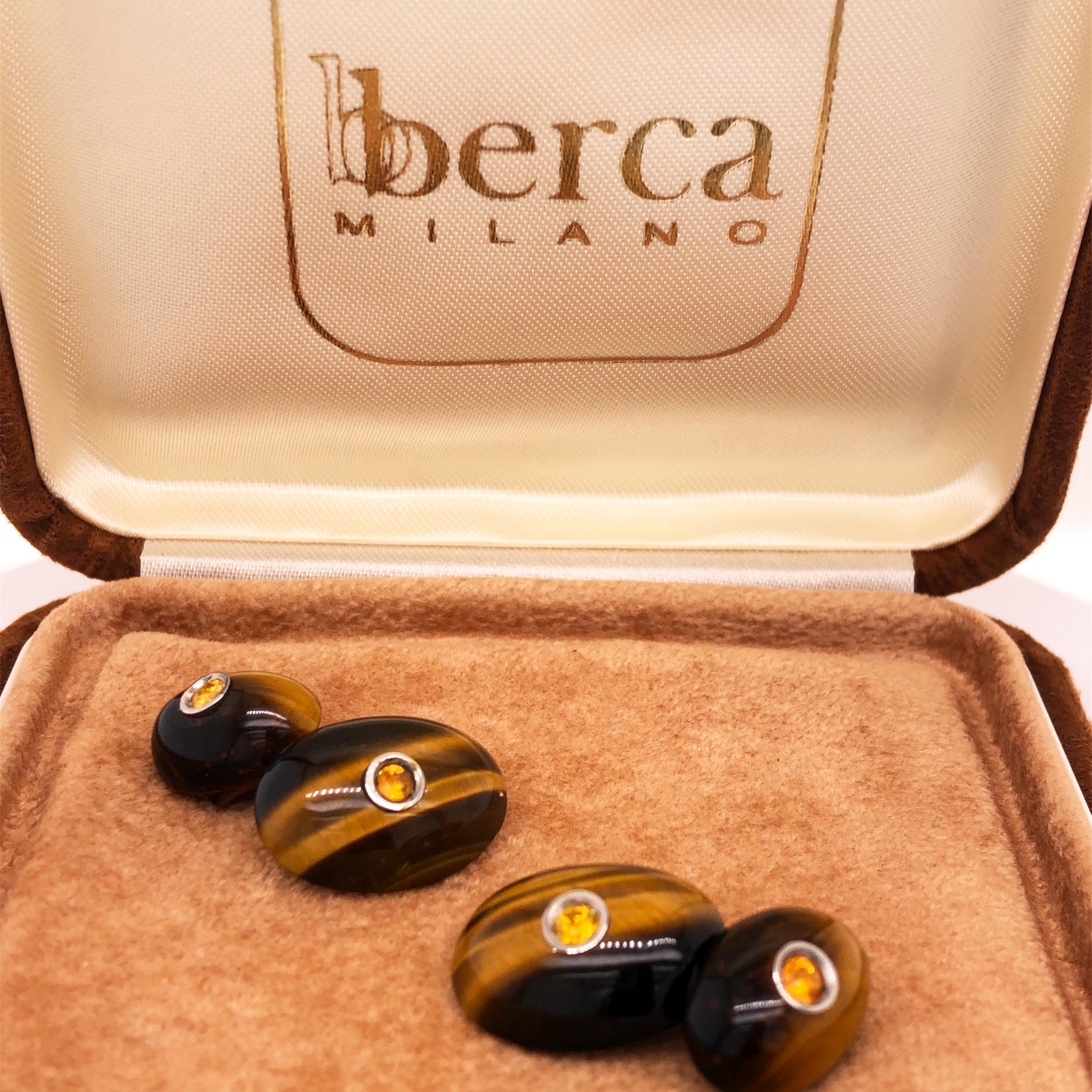 Berca Yellow Sapphire Hand Inlaid Tiger's Eye White Gold Cufflinks For Sale 8