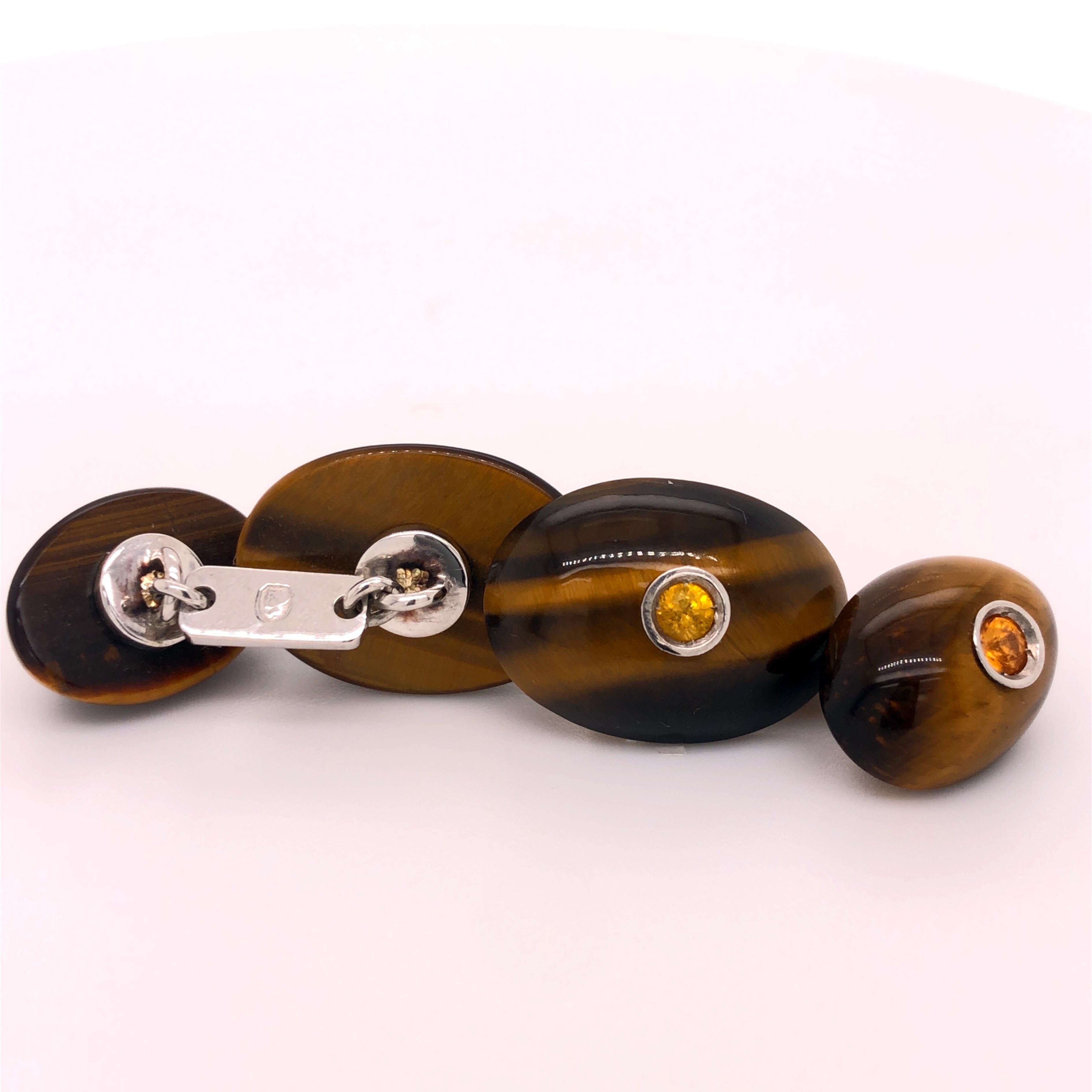 Berca Yellow Sapphire Hand Inlaid Tiger's Eye White Gold Cufflinks For Sale 2