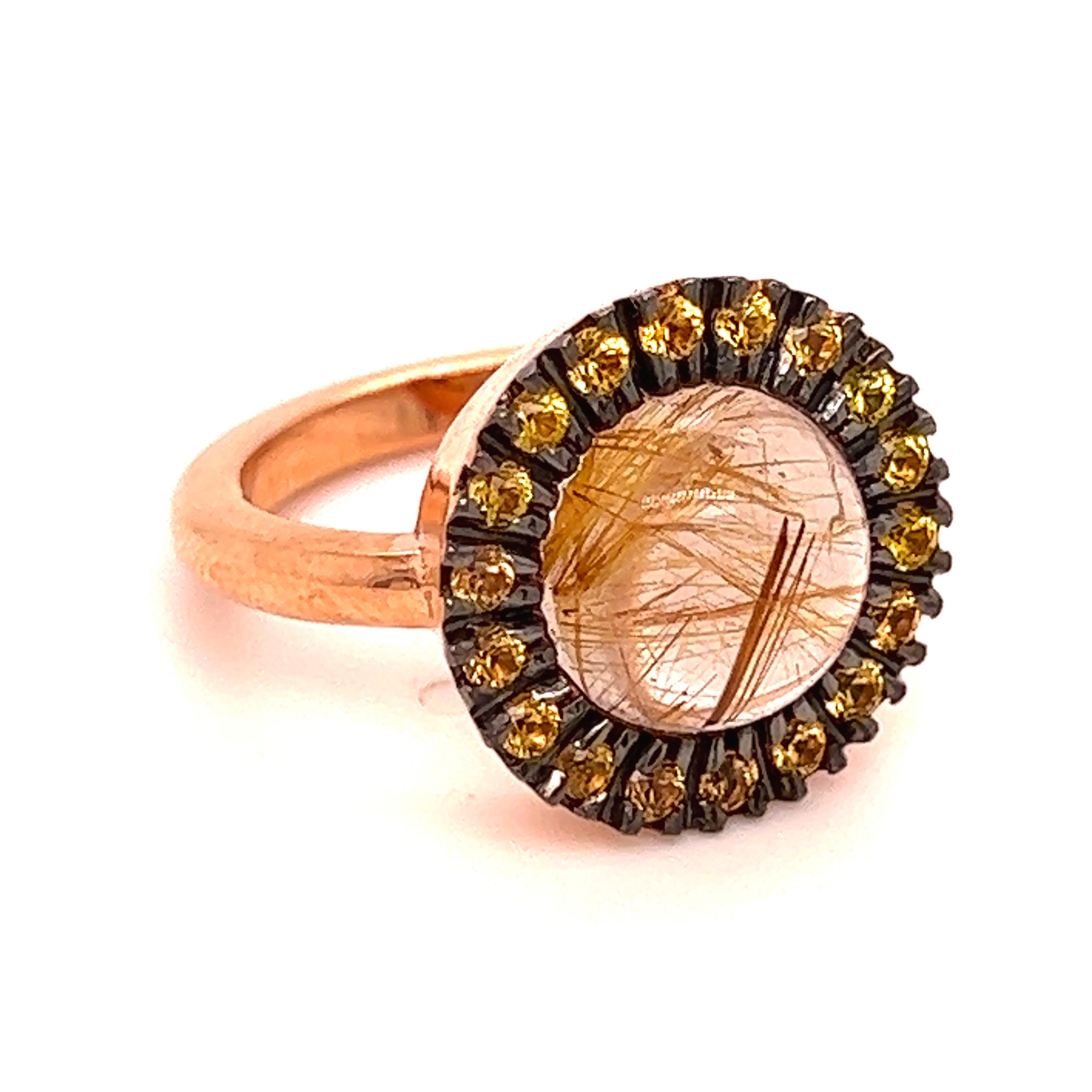 Contemporary Berca Yellow Sapphire Rutilated Quartz Cabochon Rose Gold Cocktail Ring For Sale