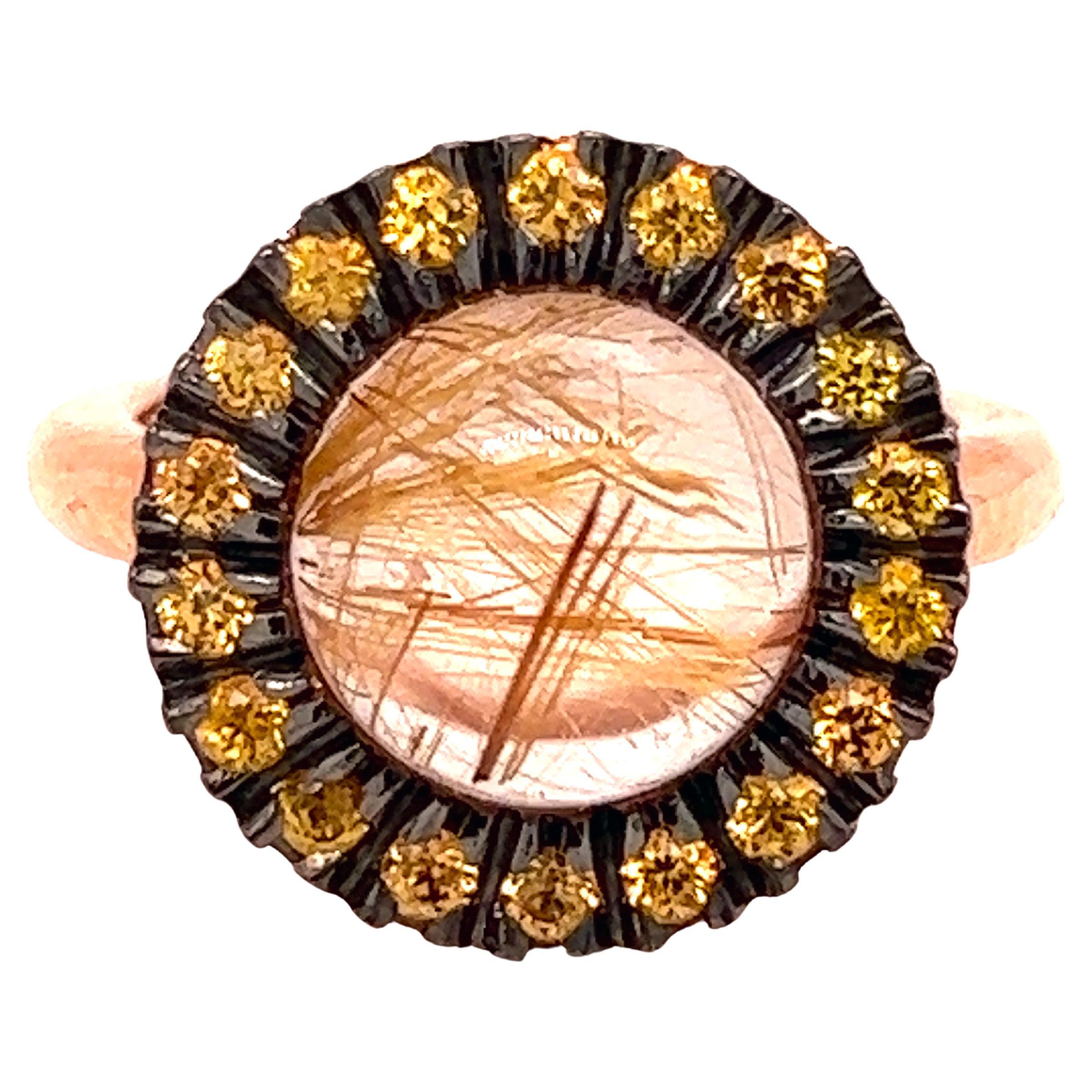 Berca Yellow Sapphire Rutilated Quartz Cabochon Rose Gold Cocktail Ring For Sale