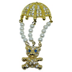 BEREBI signed vintage gold tone pearls rhinestones ballon teddy bear brooch