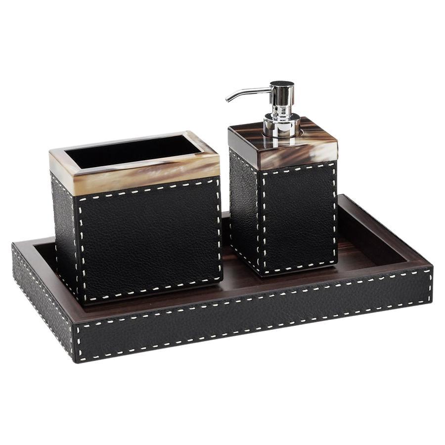 Berenice Bathroom Set in Leather with Corno Italiano Inlays, Mod. 4495-4496-4497 For Sale
