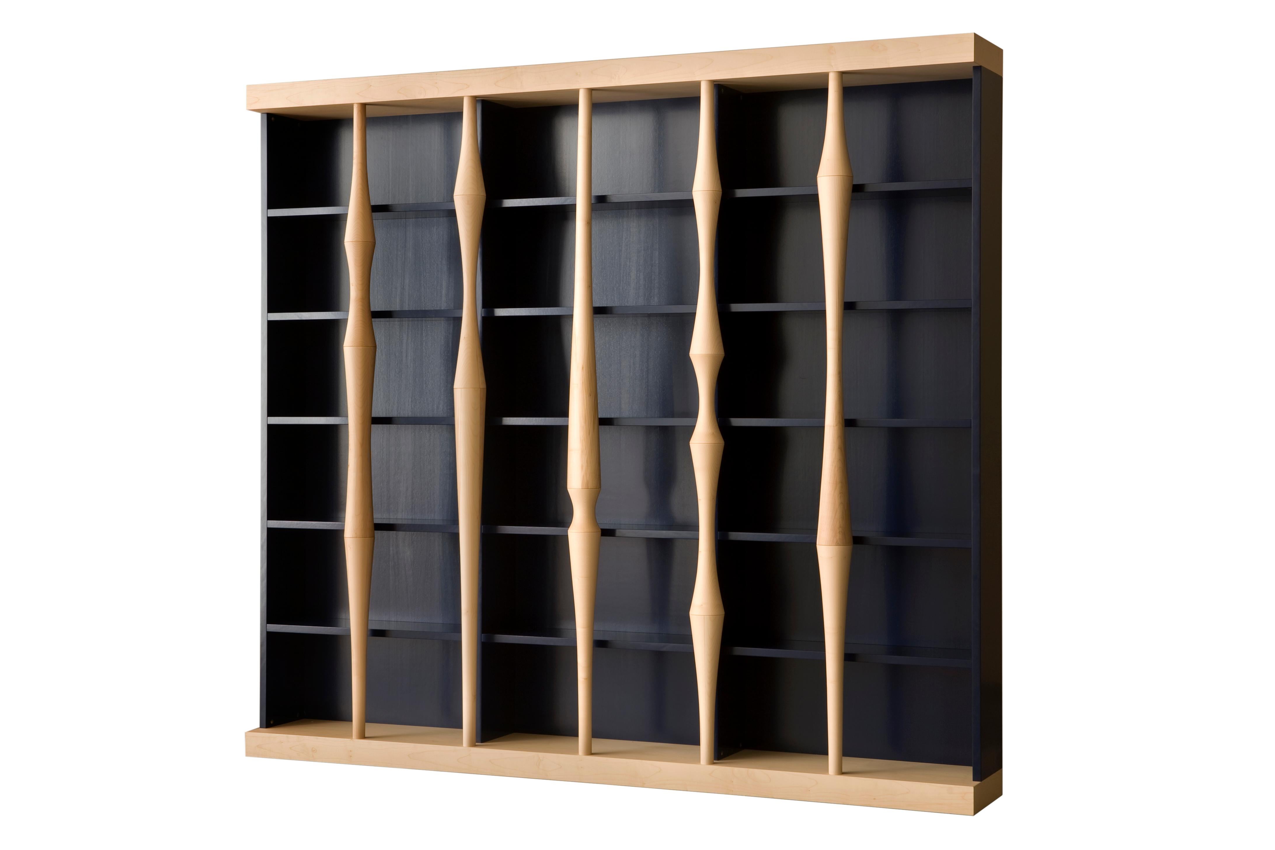 Contemporary style open bookcase, with hand turned lances made of solid maple wood
Structure made of Cherry wood available in different colors.
Designed by Luca Scacchetti for Morelato 