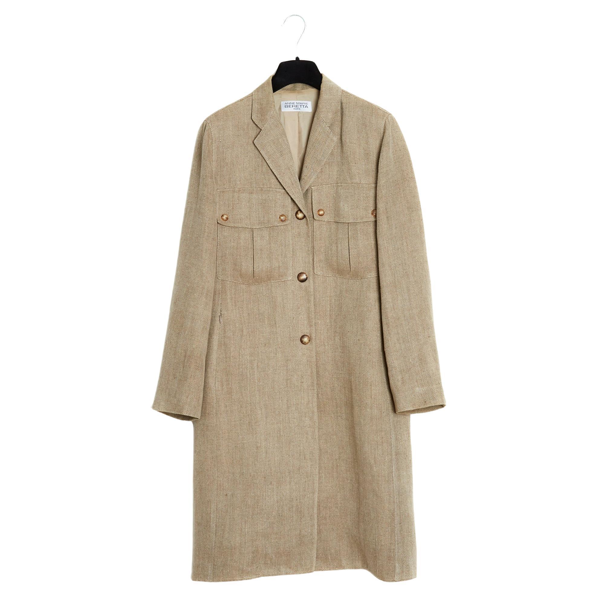 Beretta Beige Linen Wool Straight Coat FR38 en vente