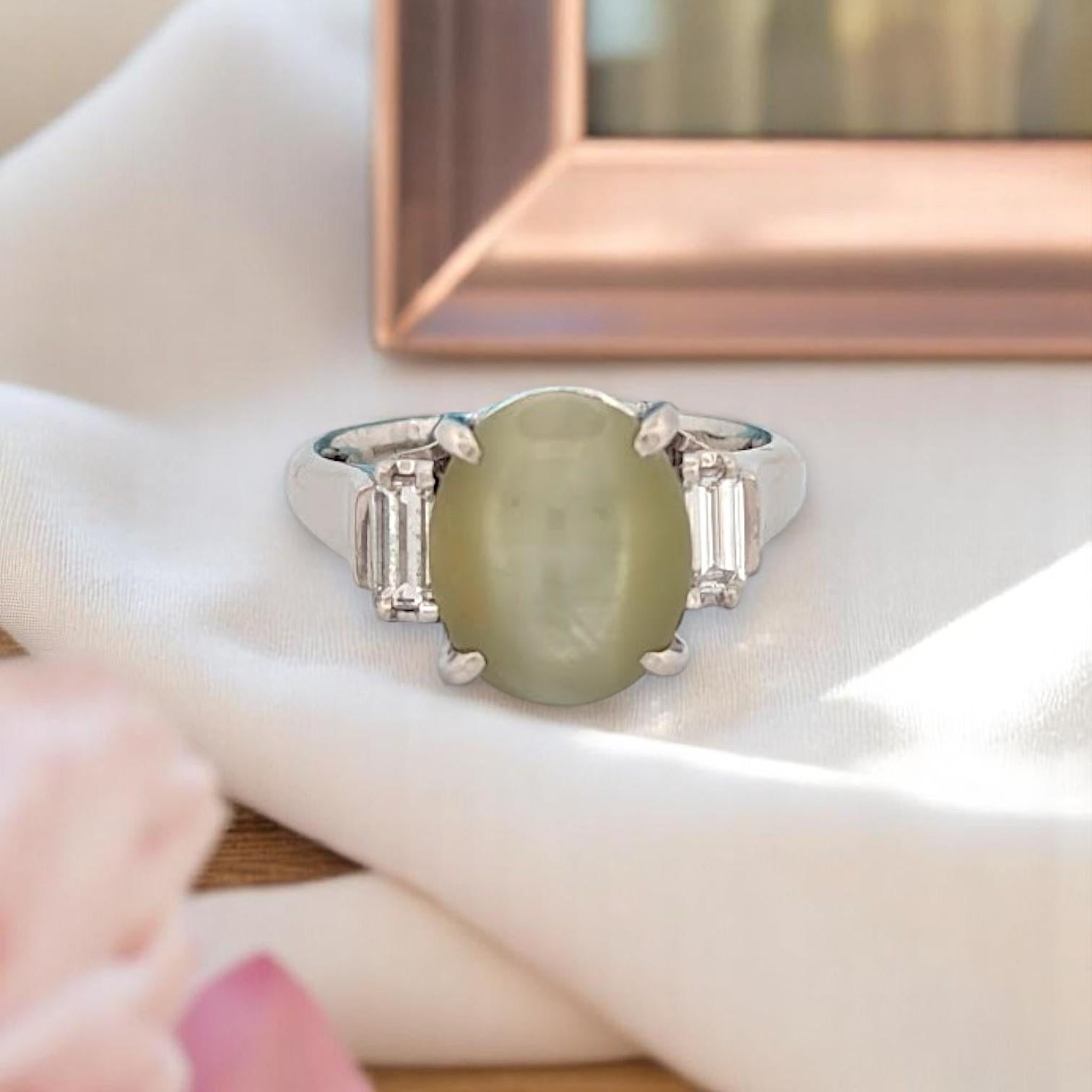 Berezi – 7.78 ct Cat’s Eye Chrysoberyl & .34 ct Diamond Platinum Ring – Size 6.5 im Zustand „Neu“ im Angebot in Greeneville, TN