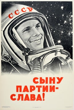 Original Retro Poster Yuri Gagarin Soviet Cosmonaut Communist Party Glory USSR