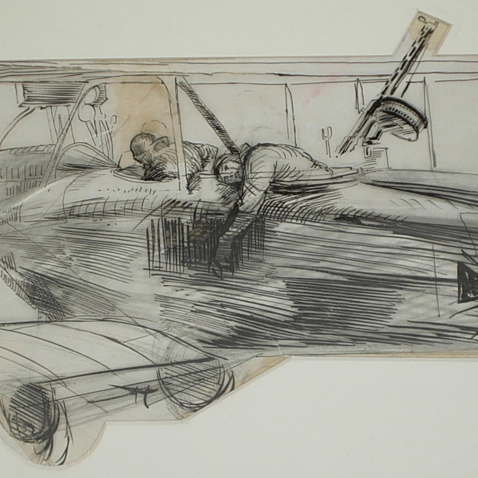 Indian ink drawing by Riccardo Cavigioli in the early 1920s depicting a two-seat biplane flying-boat for reconnaissance Berg Av C I, 37.55 series, furnished with an Austro Daimler 185 hp engine, produced in Austria by Aviatik in 1917. Measure with