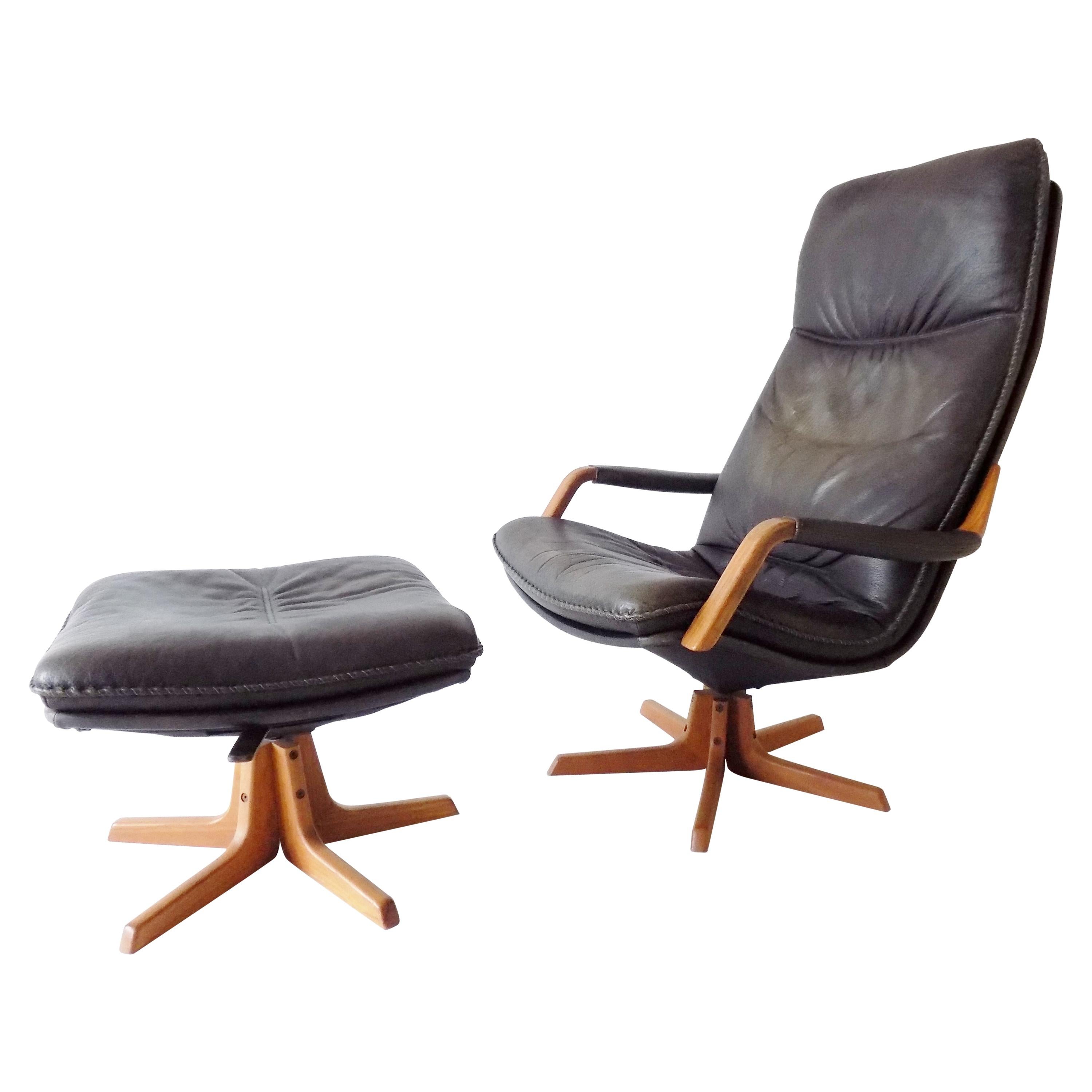 Berg Furniture Danish Leather Lounge Chair with Ottoman, Mid-Century Modern For Sale