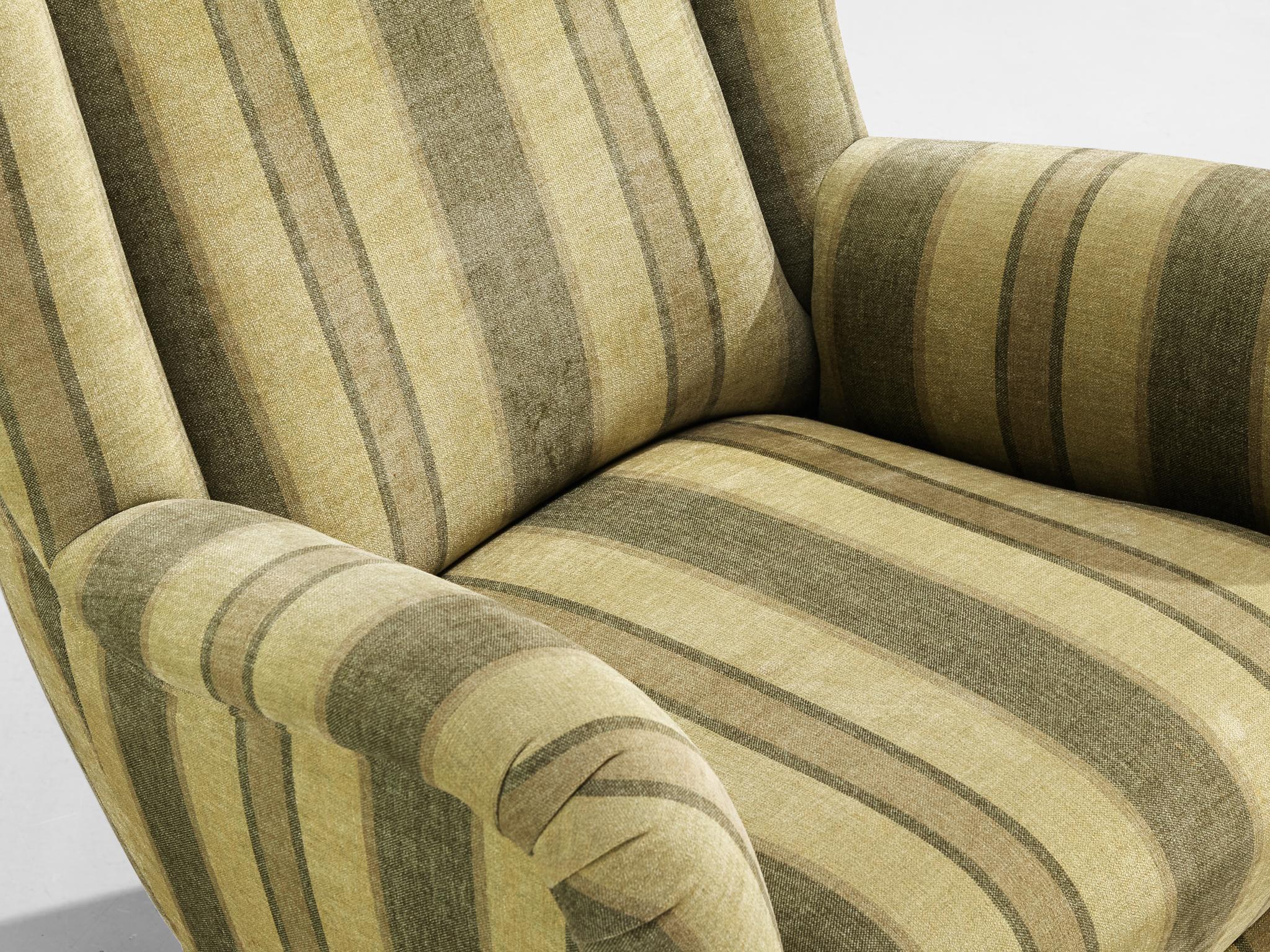Art Deco Berga Mobler Highback Lounge Chair in Green Striped Upholstery For Sale