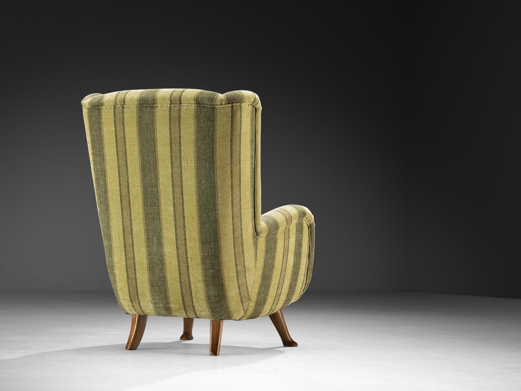 Danish Berga Mobler Highback Lounge Chair in Green Striped Upholstery For Sale