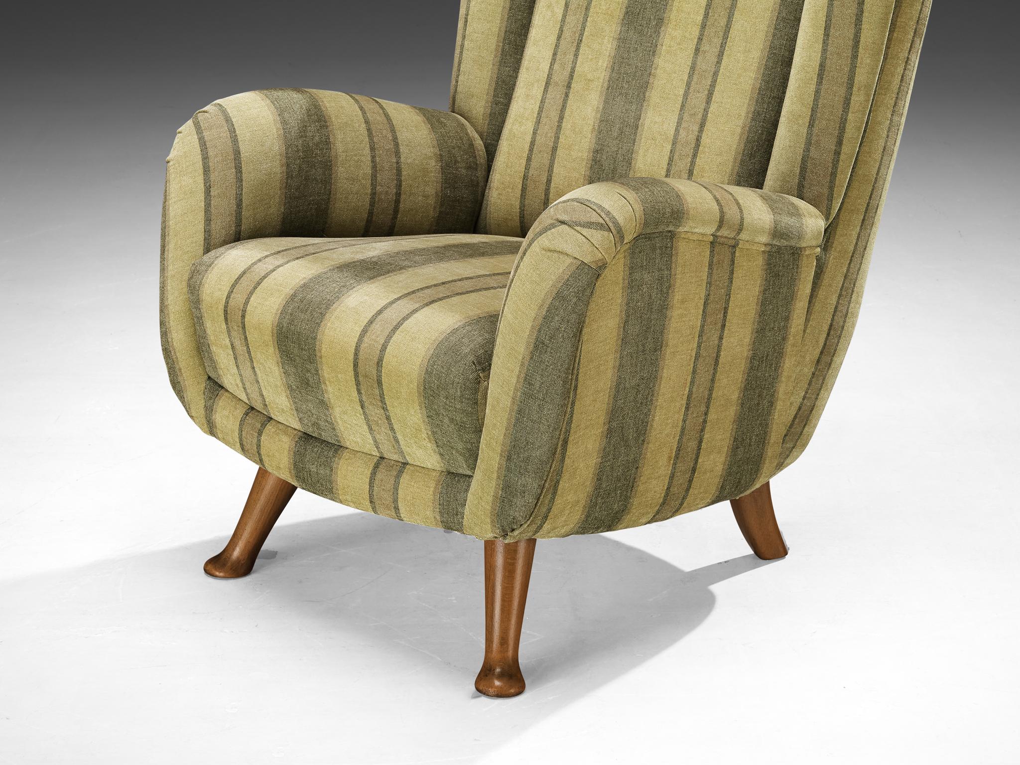 Mid-20th Century Berga Mobler Highback Lounge Chair in Green Striped Upholstery For Sale