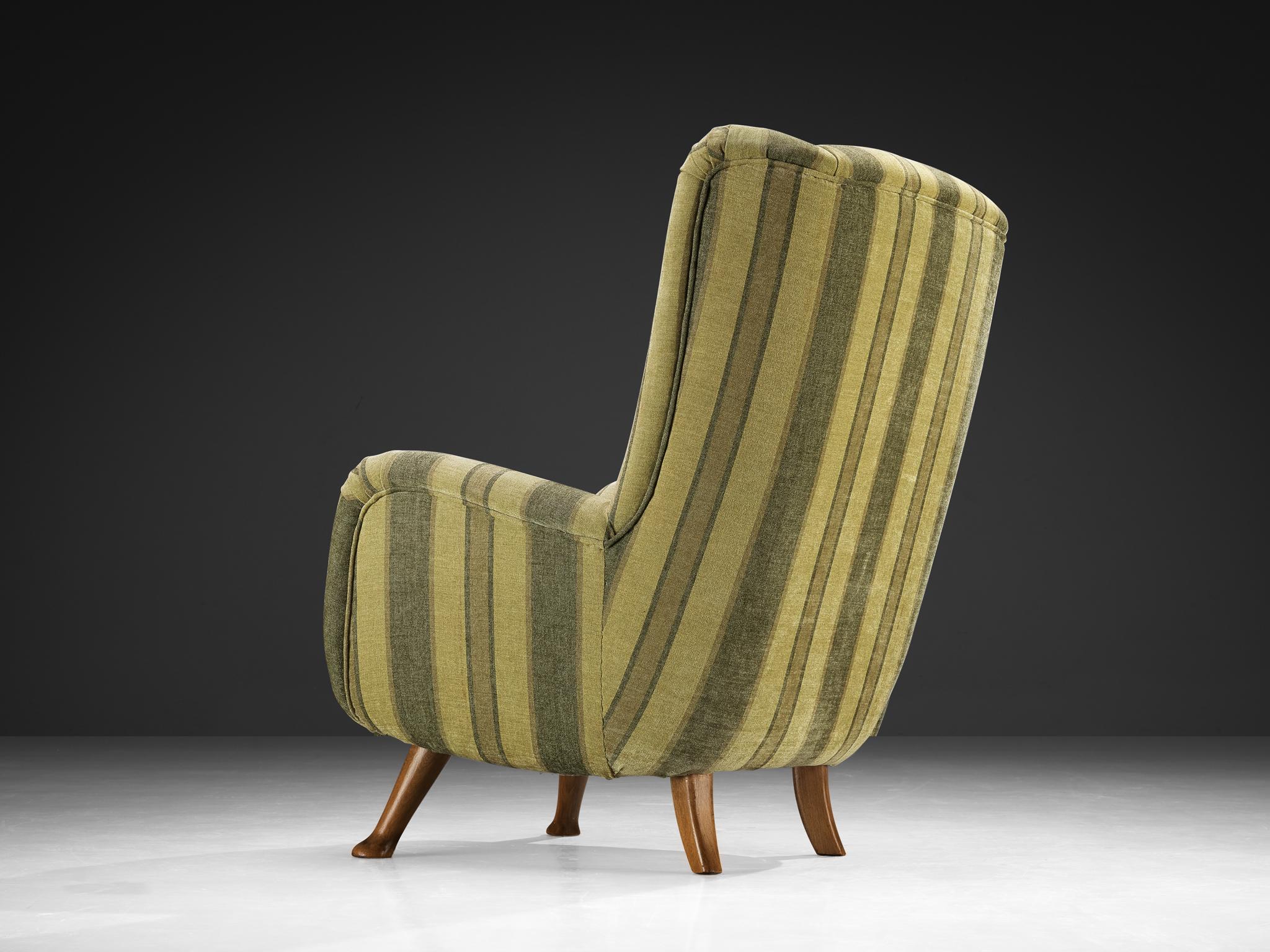 Fabric Berga Mobler Highback Lounge Chair in Green Striped Upholstery For Sale