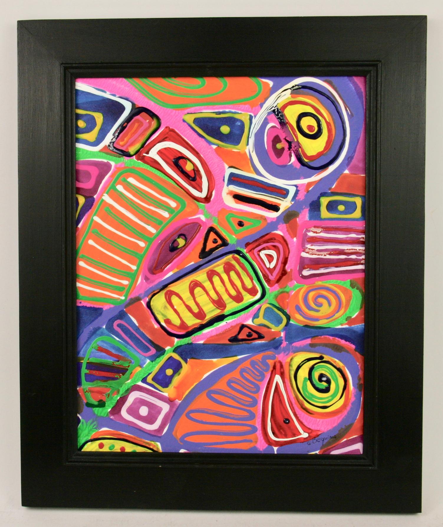 #5-3037Bold Abstract ,mixed media /acrylic on artist board displayed in a black wood frame, signed by Bergagnino. Image size 13 H x (9.75 W