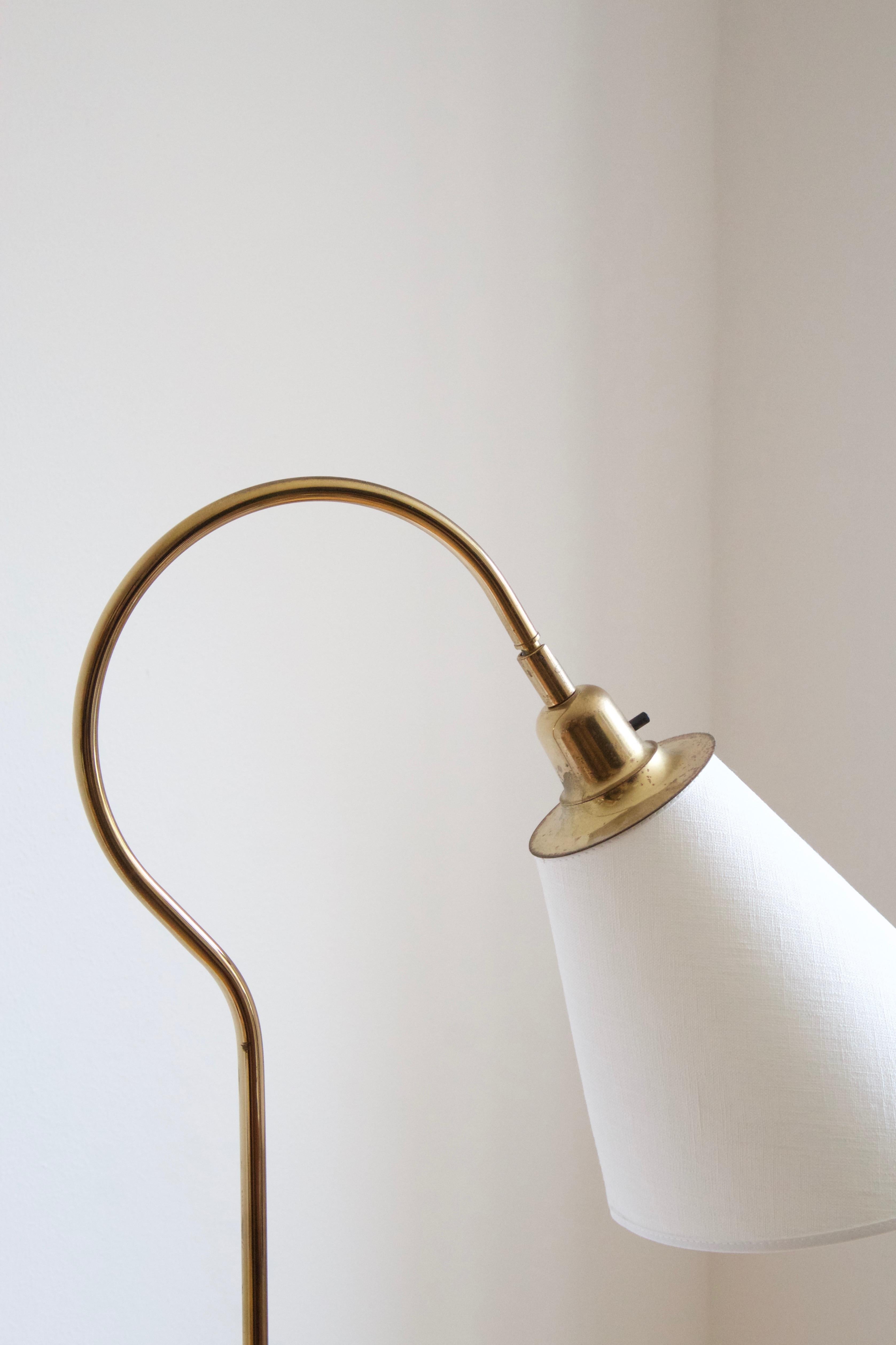 Mid-Century Modern Bergboms, Adjustable Floor Lamp, Brass, Fabric, Sweden, 1970s