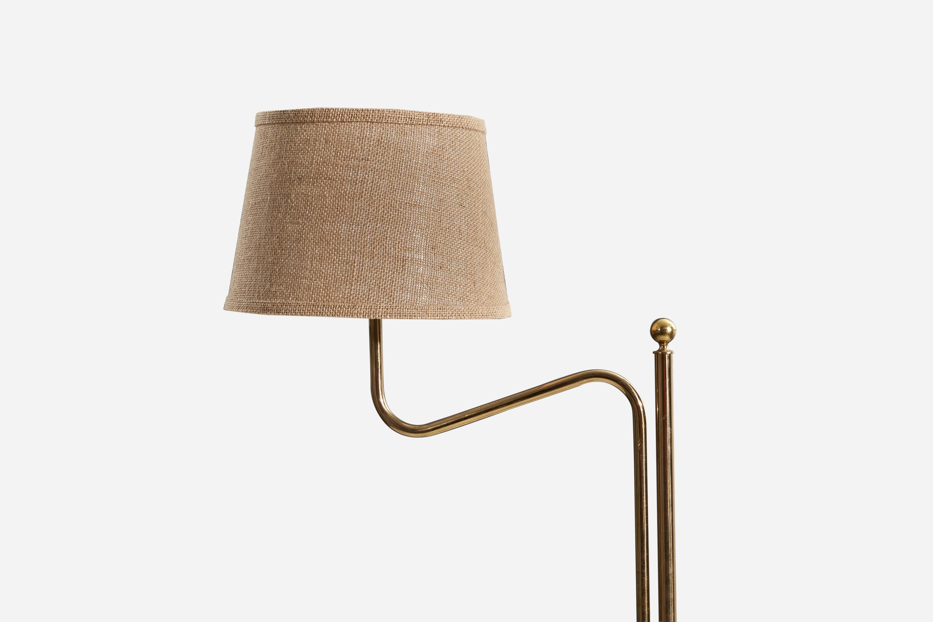 Mid-Century Modern Bergboms, Adjustable Floor Lamp, Brass, Fabric, Sweden, 1970s