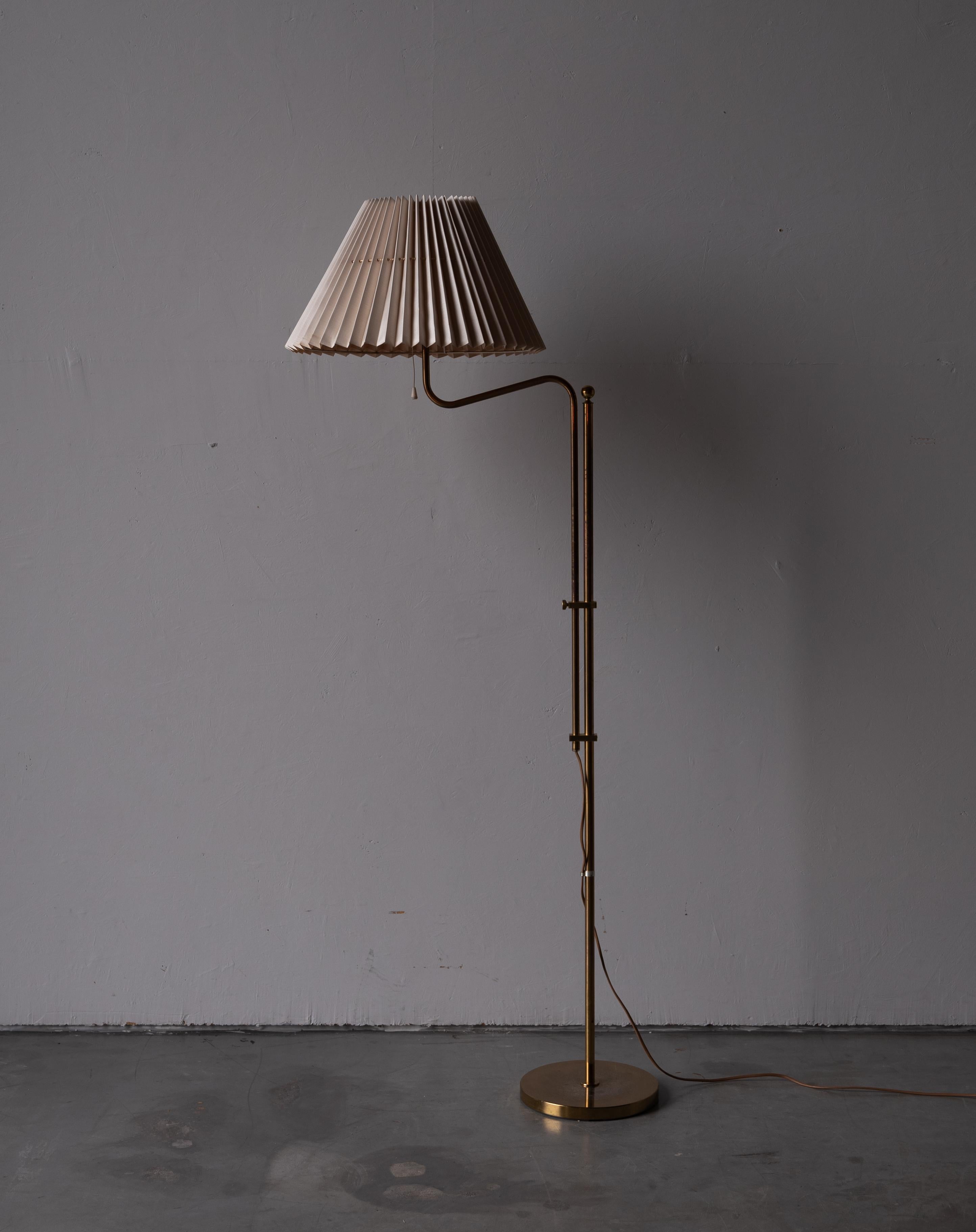 Swedish Bergboms, Adjustable Floor Lamp, Brass, Papershade, Sweden, 1970s