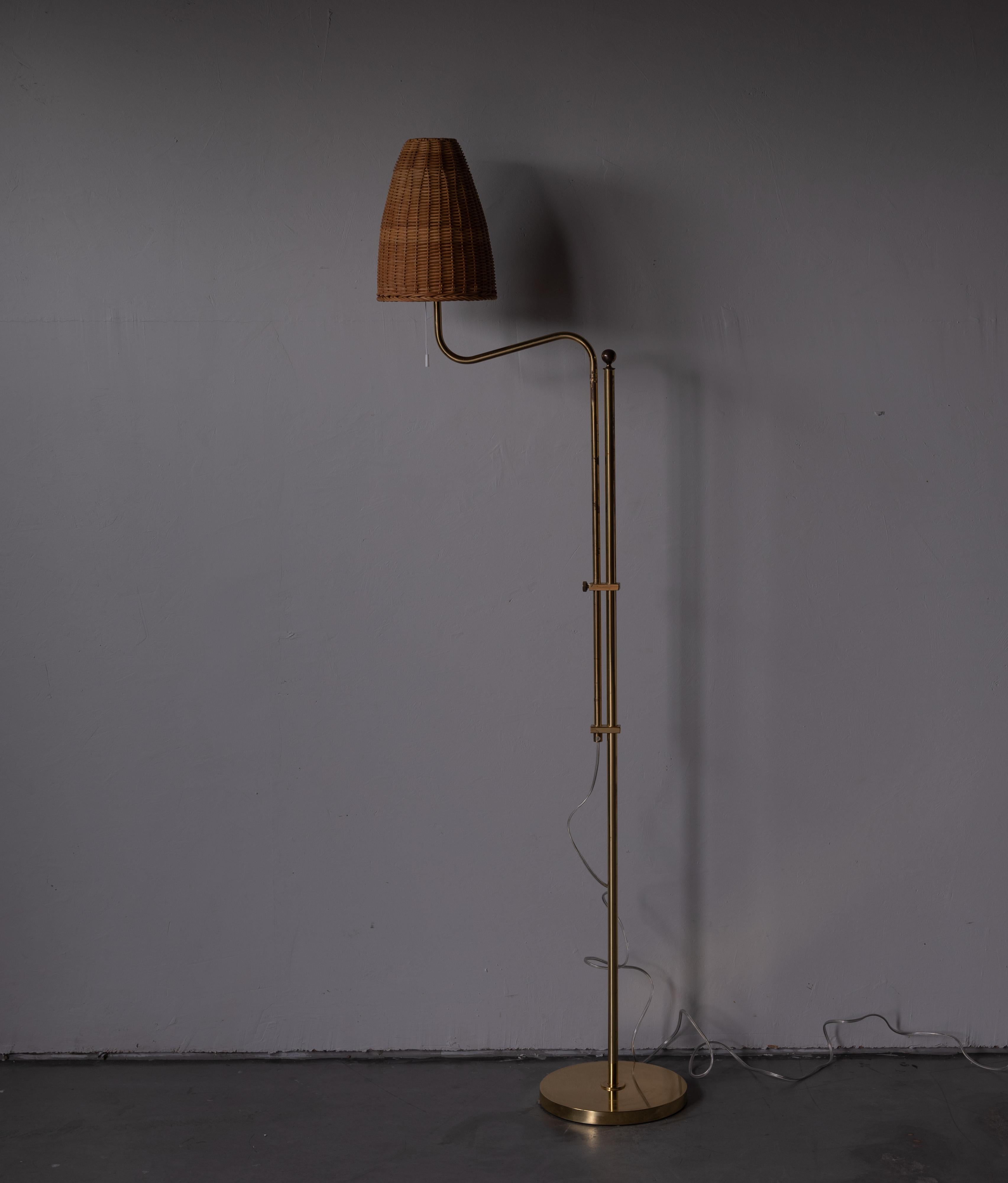 Mid-Century Modern Bergboms, Adjustable Floor Lamp, Brass, Rattan, Sweden, 1970s