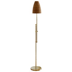 Bergboms, Adjustable Floor Lamp, Brass, Rattan, Sweden, 1970s