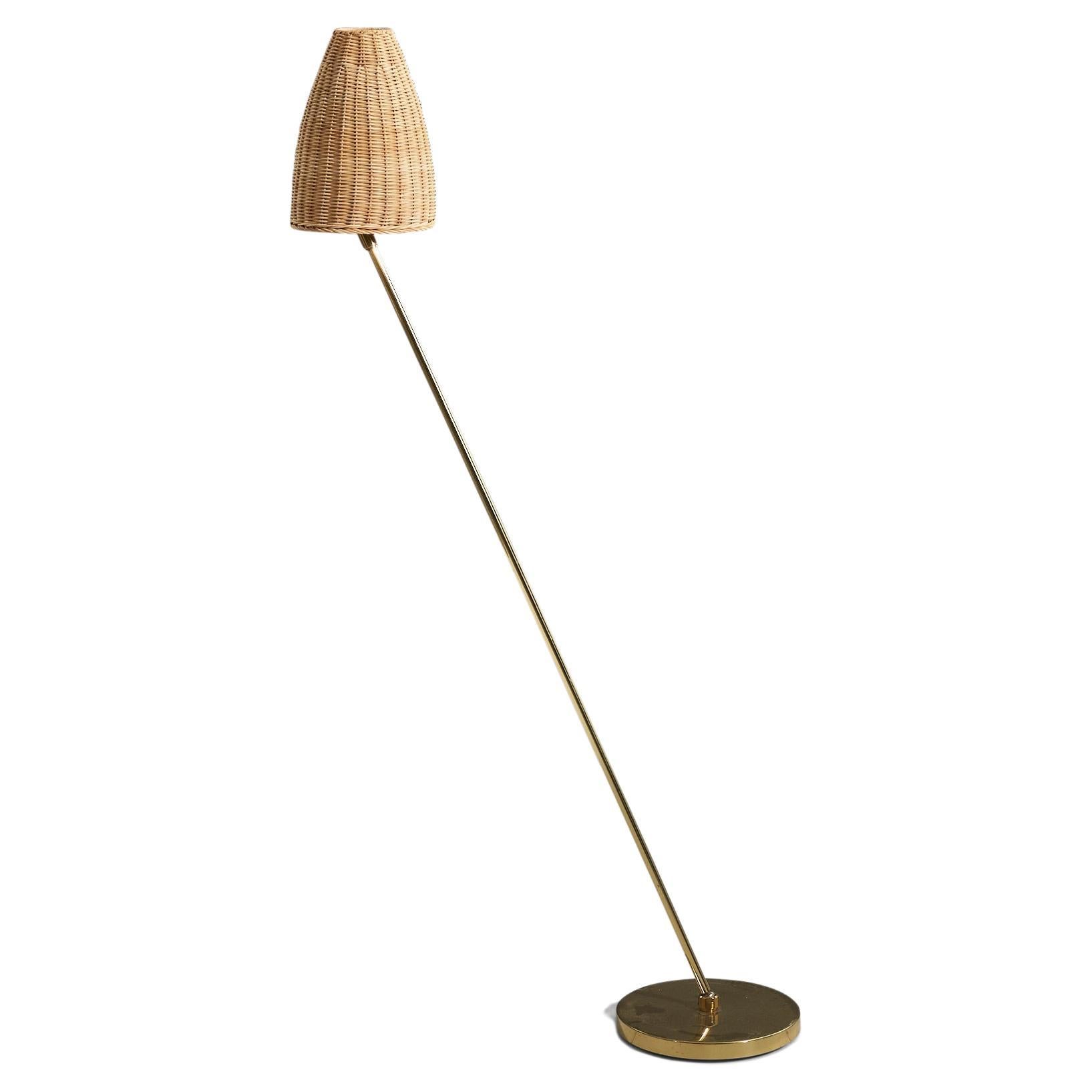 Bergboms, verstellbare Stehlampe, Messing, Rattan, Schweden, 1970er Jahre