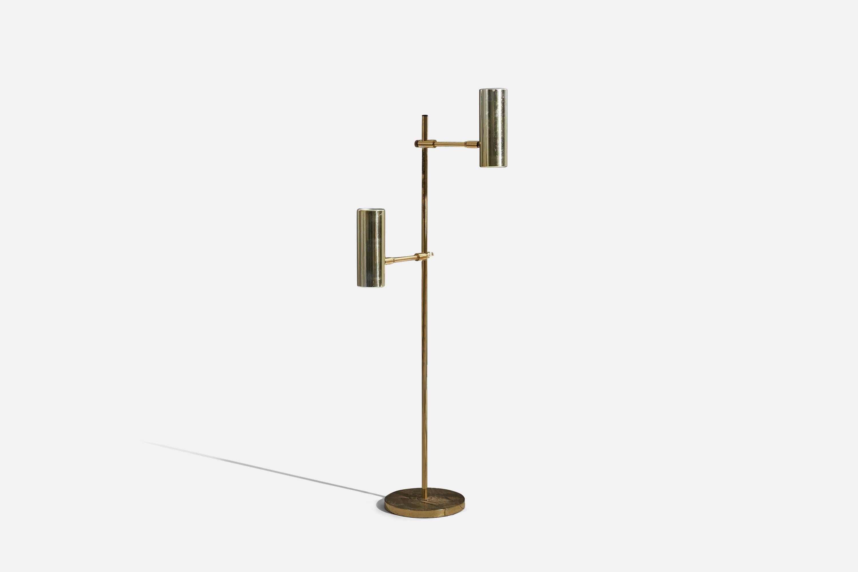 A brass, adjustable floor lamp designed and produced by Bergboms, Sweden, c. 1970s.

Variable dimensions, measured as illustrated in the first image.