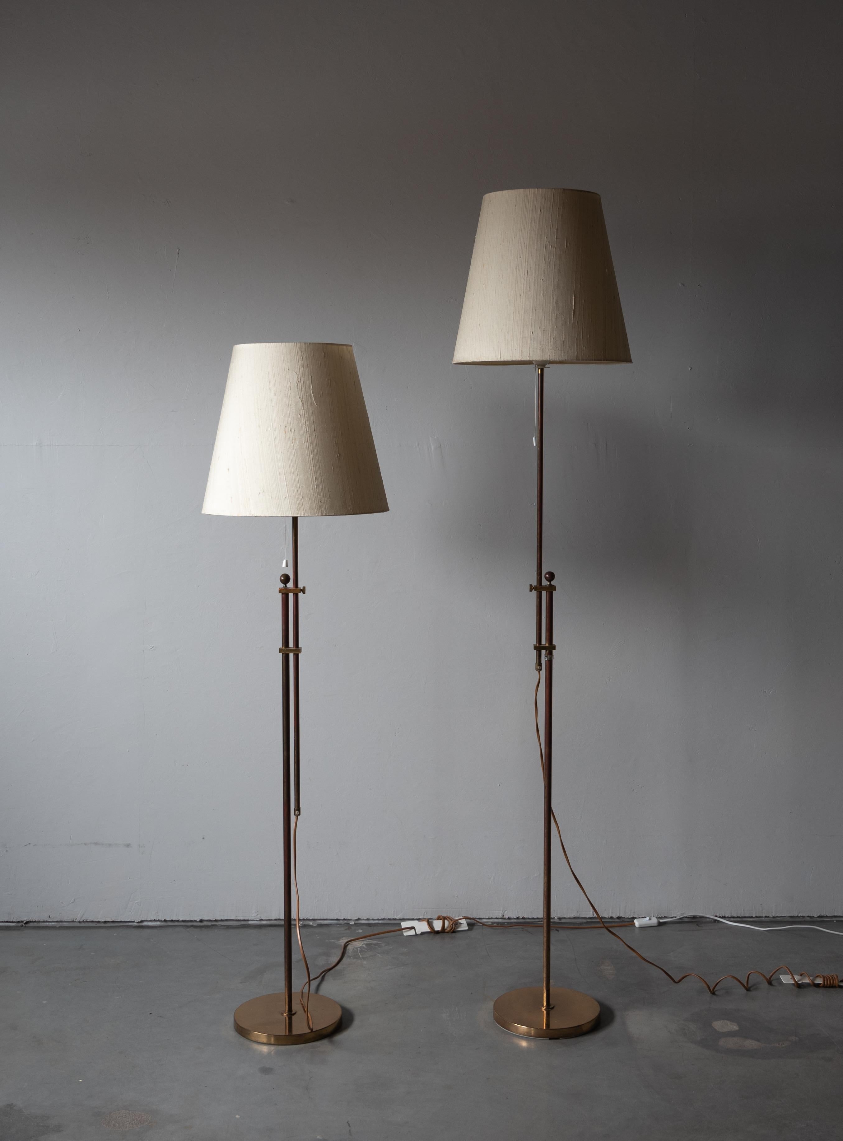 Mid-Century Modern Bergboms, Adjustable Floor Lamps, Brass, Fabric, Sweden, 1970s