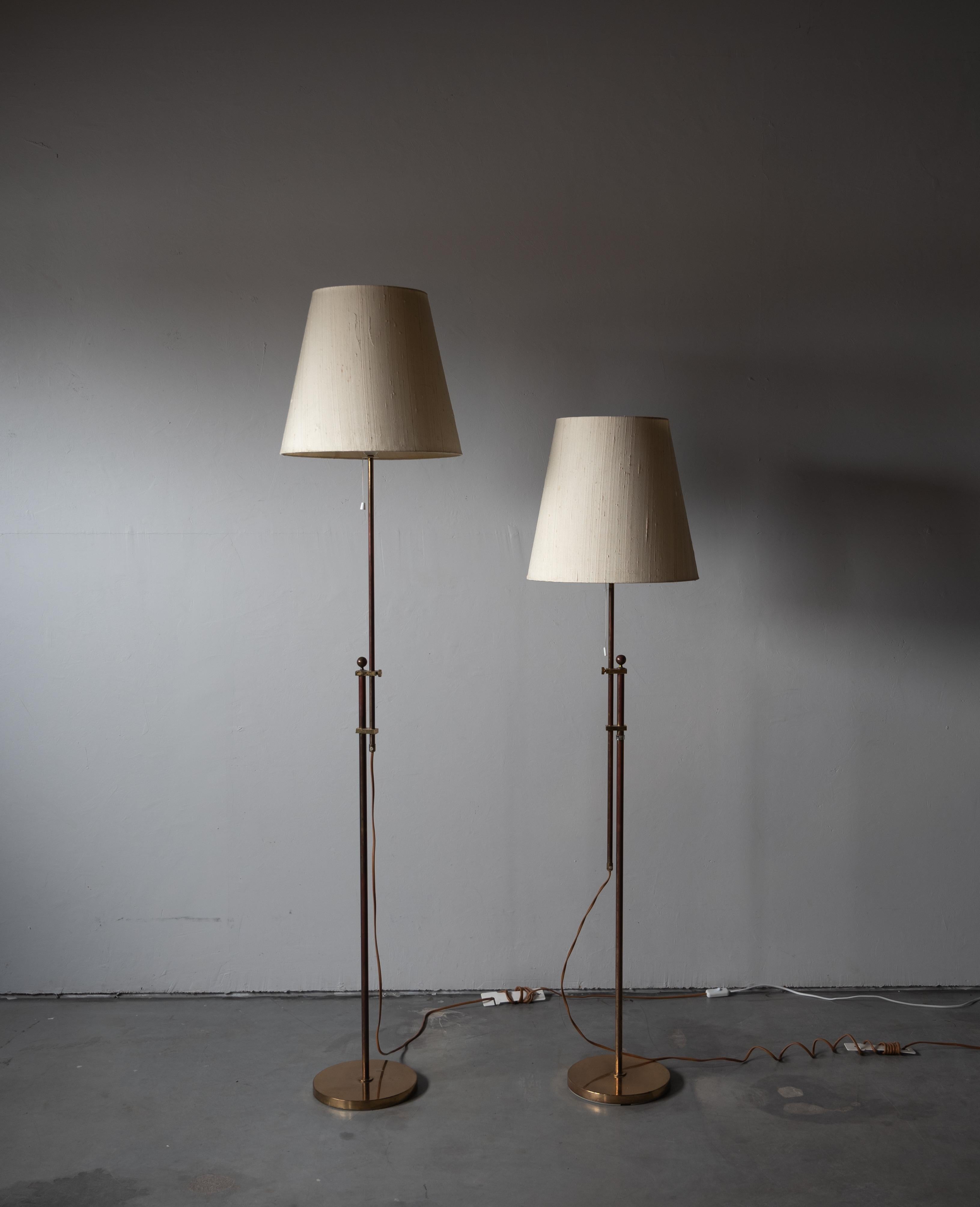 Late 20th Century Bergboms, Adjustable Floor Lamps, Brass, Fabric, Sweden, 1970s