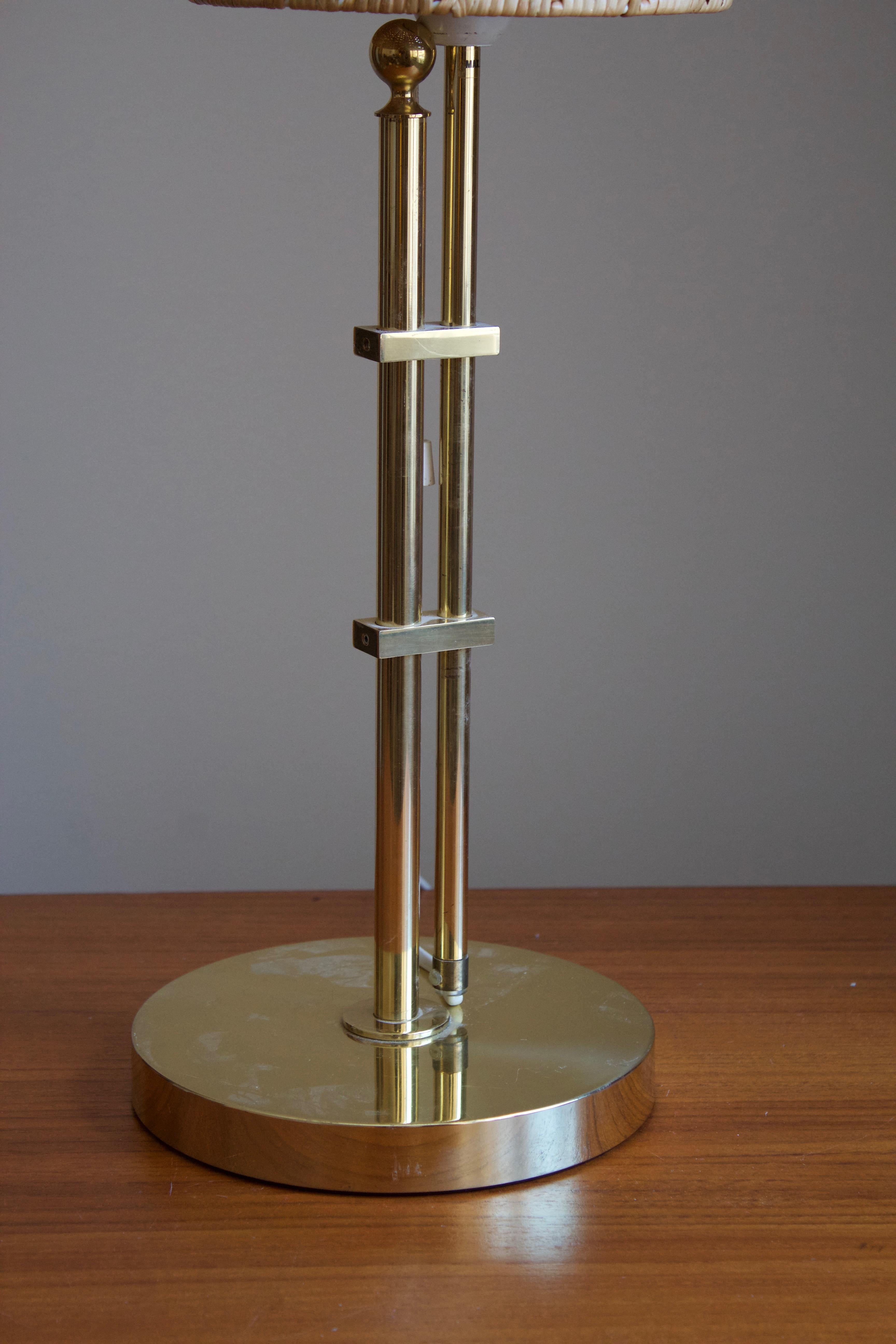 Swedish Bergboms, Adjustable Table Lamp, Brass, Rattan, Sweden, 1960s
