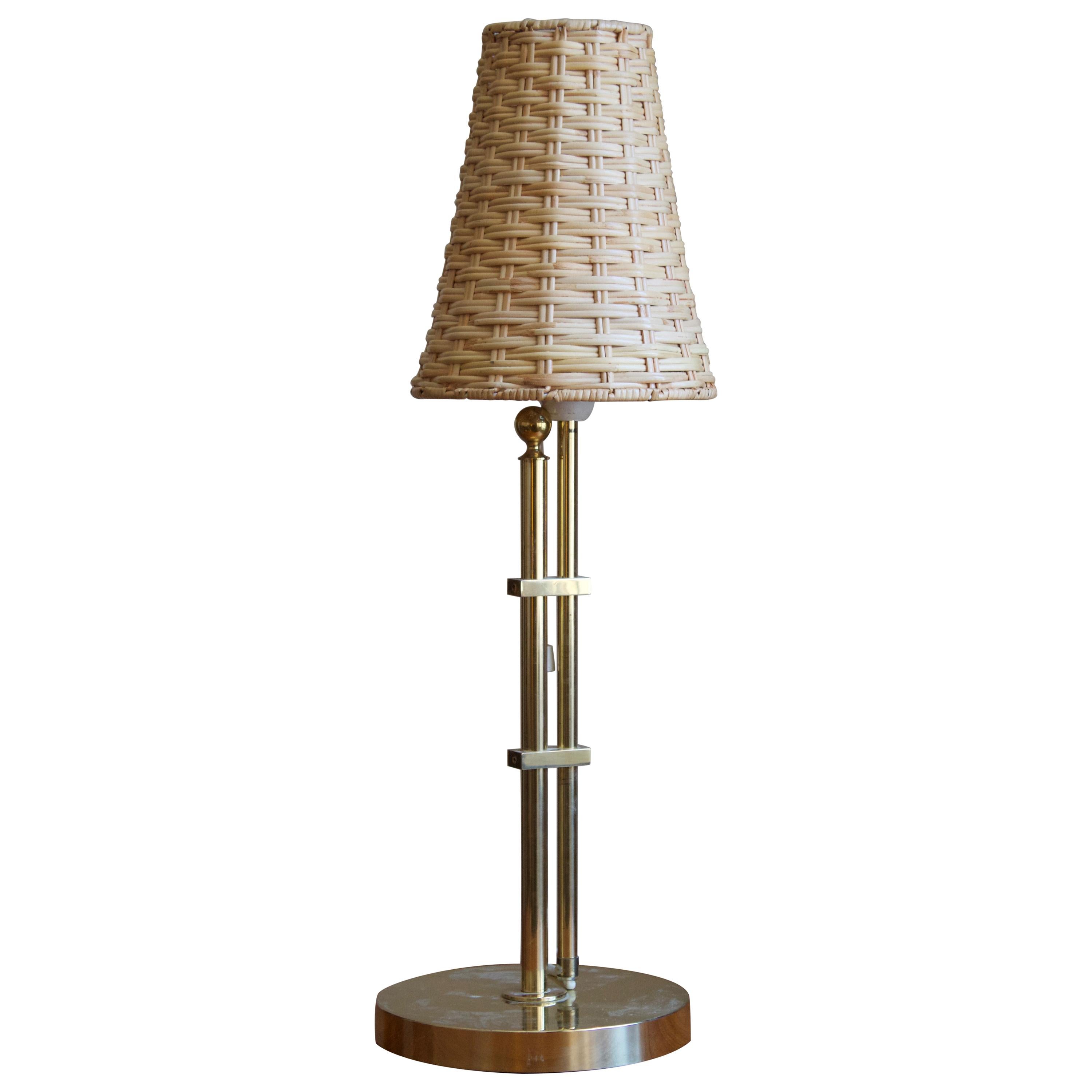 Bergboms, Adjustable Table Lamp, Brass, Rattan, Sweden, 1960s