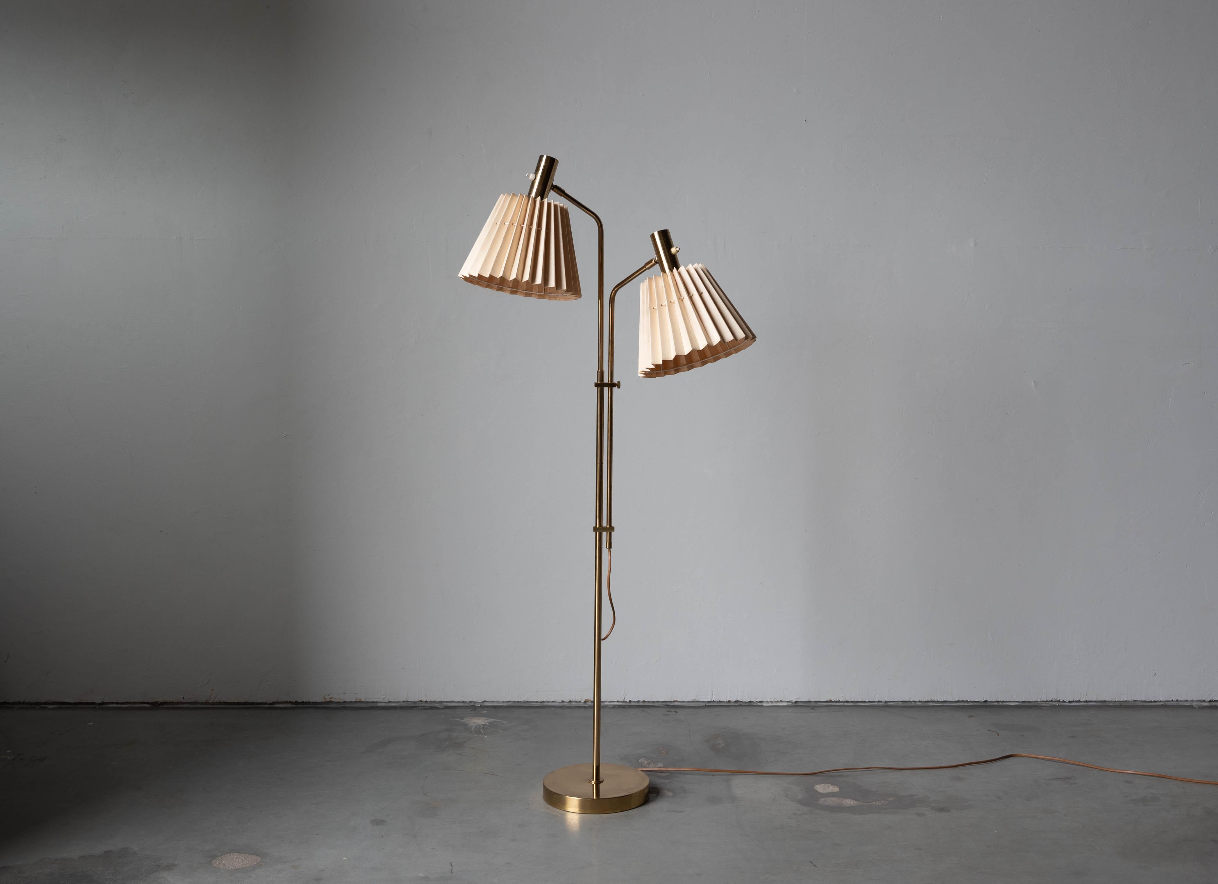 Mid-Century Modern Bergboms, Adjustable Two-Armed Floor Lamp, Brass, Paper, Sweden, 1970s