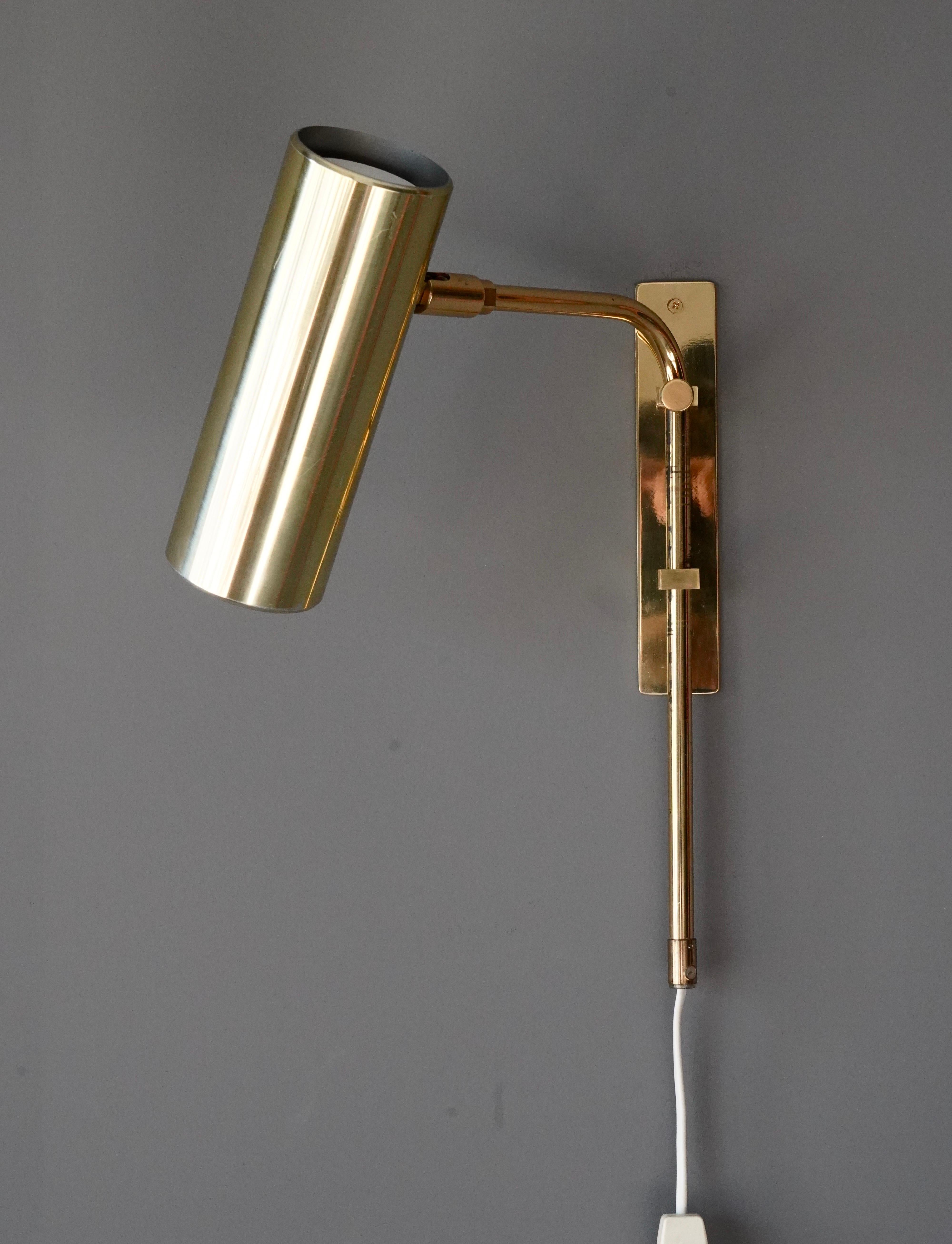 Mid-Century Modern Bergboms, Adjustable Wall Light, Brass, Sweden, 1970s