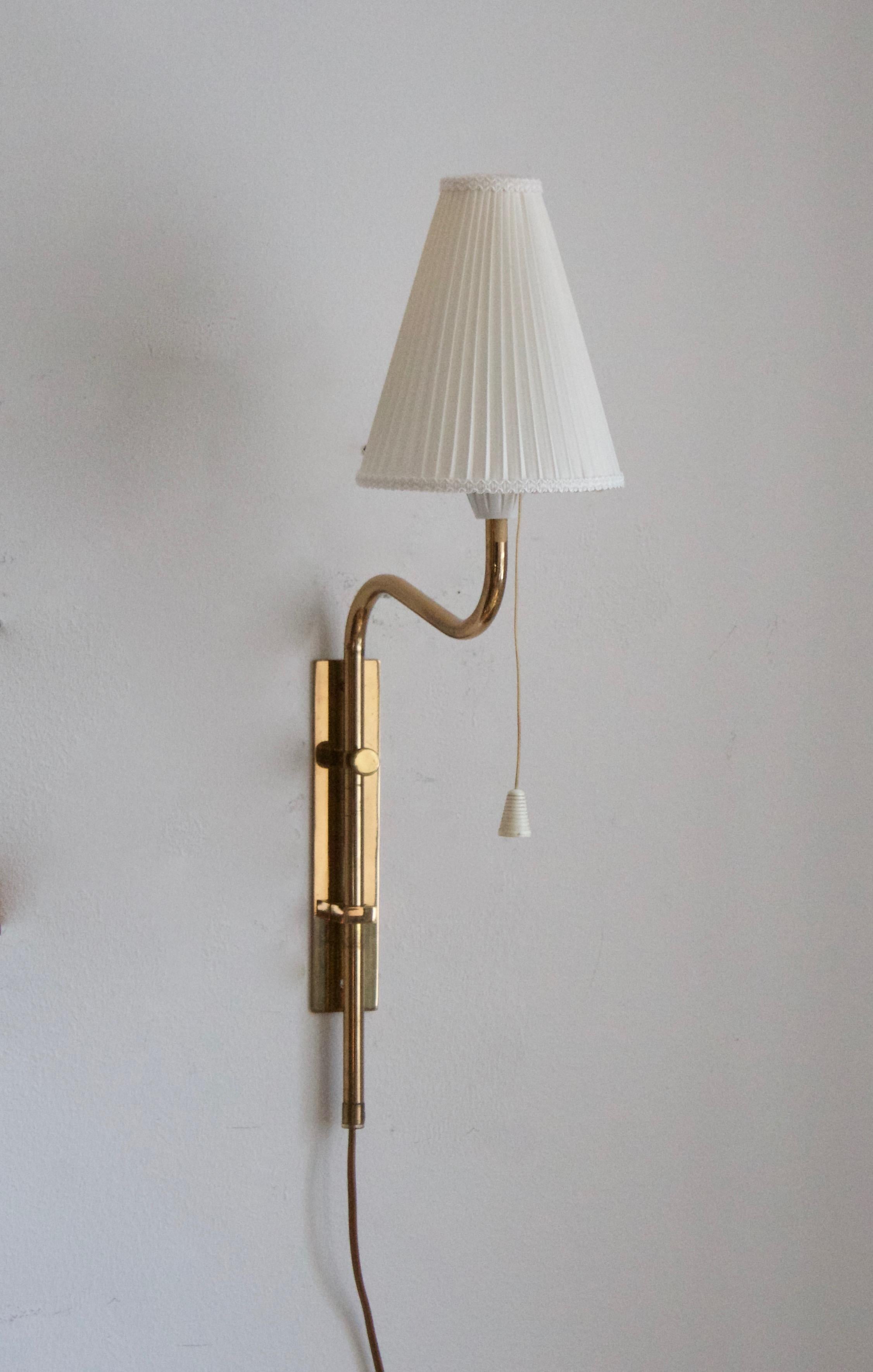 Mid-Century Modern Bergboms, Adjustable Wall Lights / Sconces, Brass, Fabric, Sweden, 1970s
