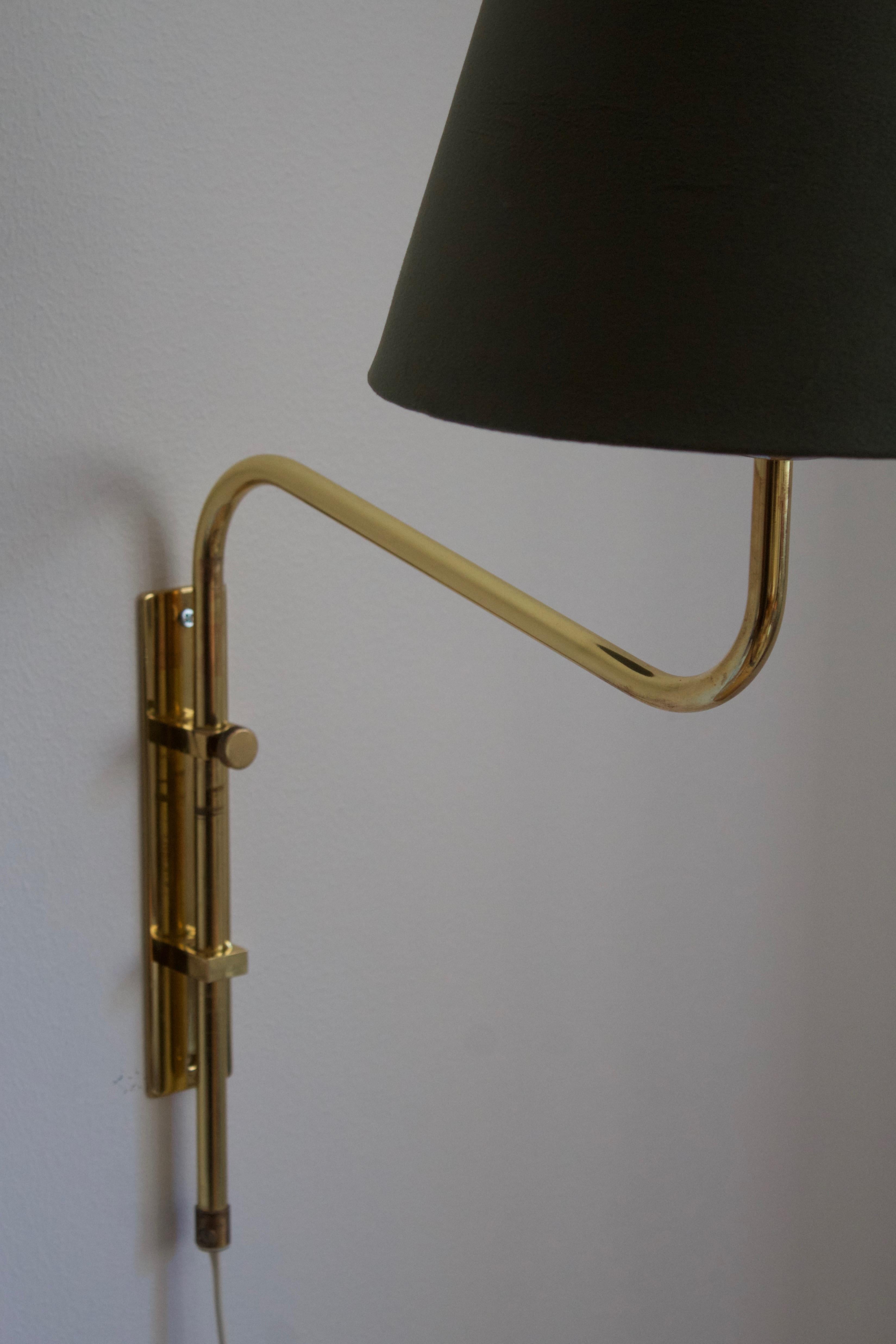 Bergboms, Adjustable Wall Lights / Sconces, Brass, Green Velvet, Sweden, 1970s In Good Condition In High Point, NC