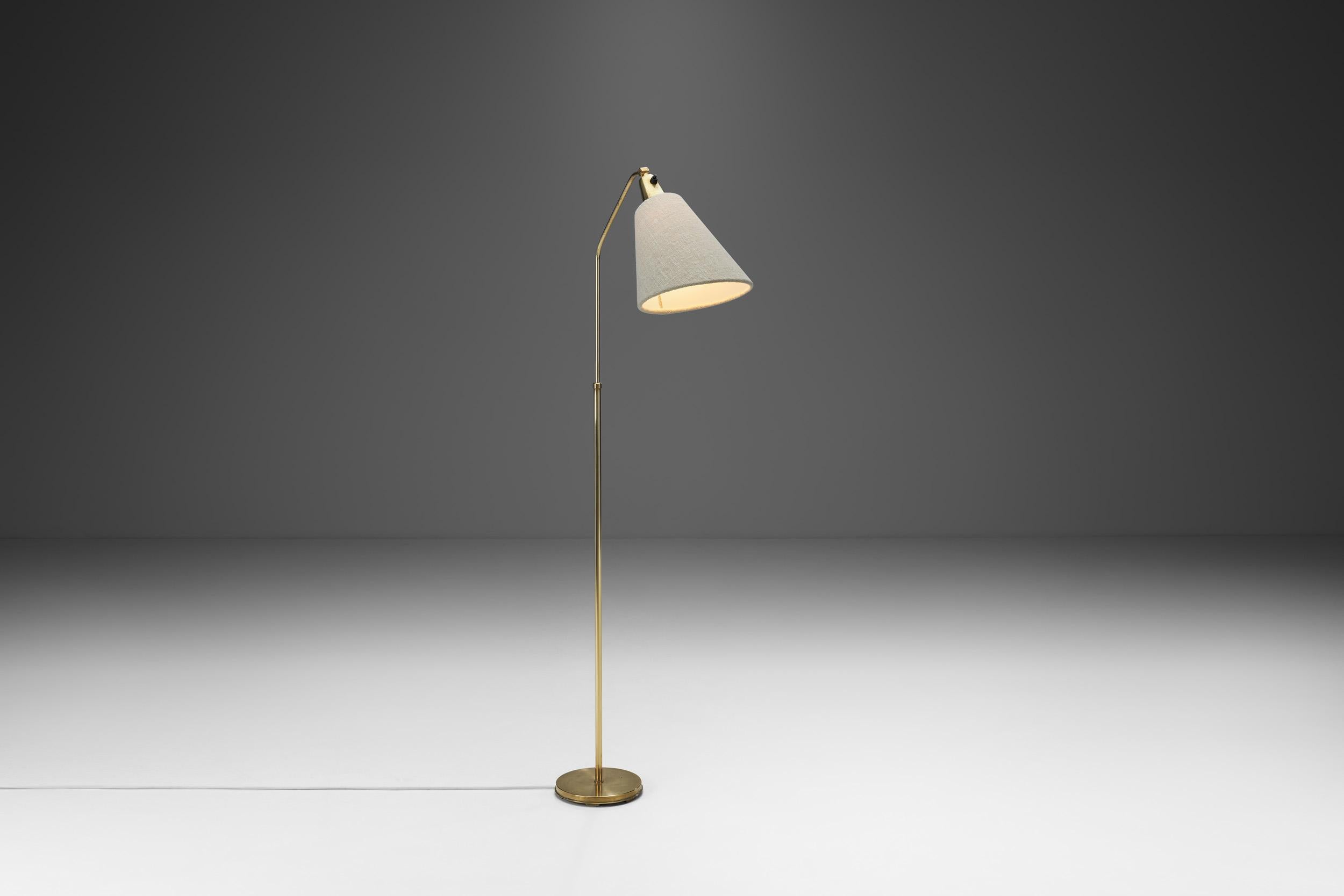 Swedish Bergboms Brass Floor Lamp with Upholstered Shade, Sweden, 1940s