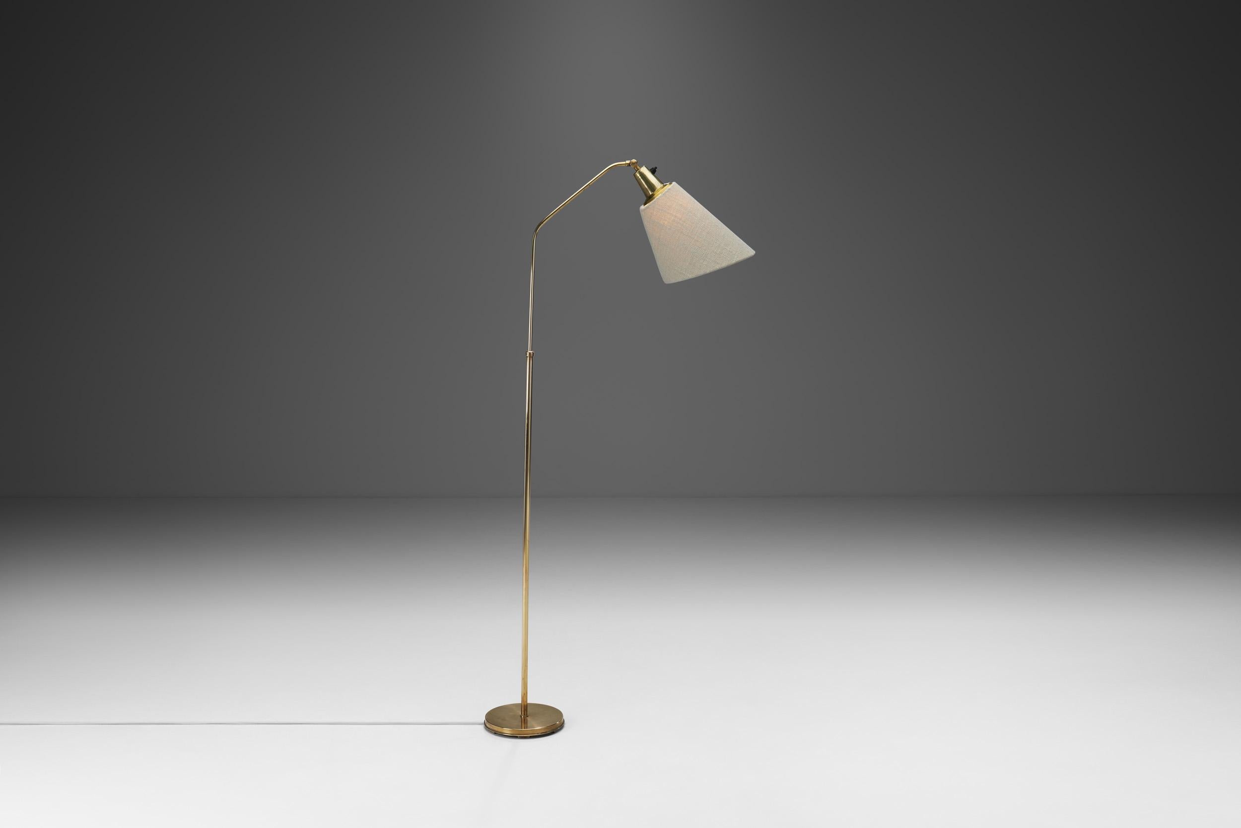 20th Century Bergboms Brass Floor Lamp with Upholstered Shade, Sweden, 1940s