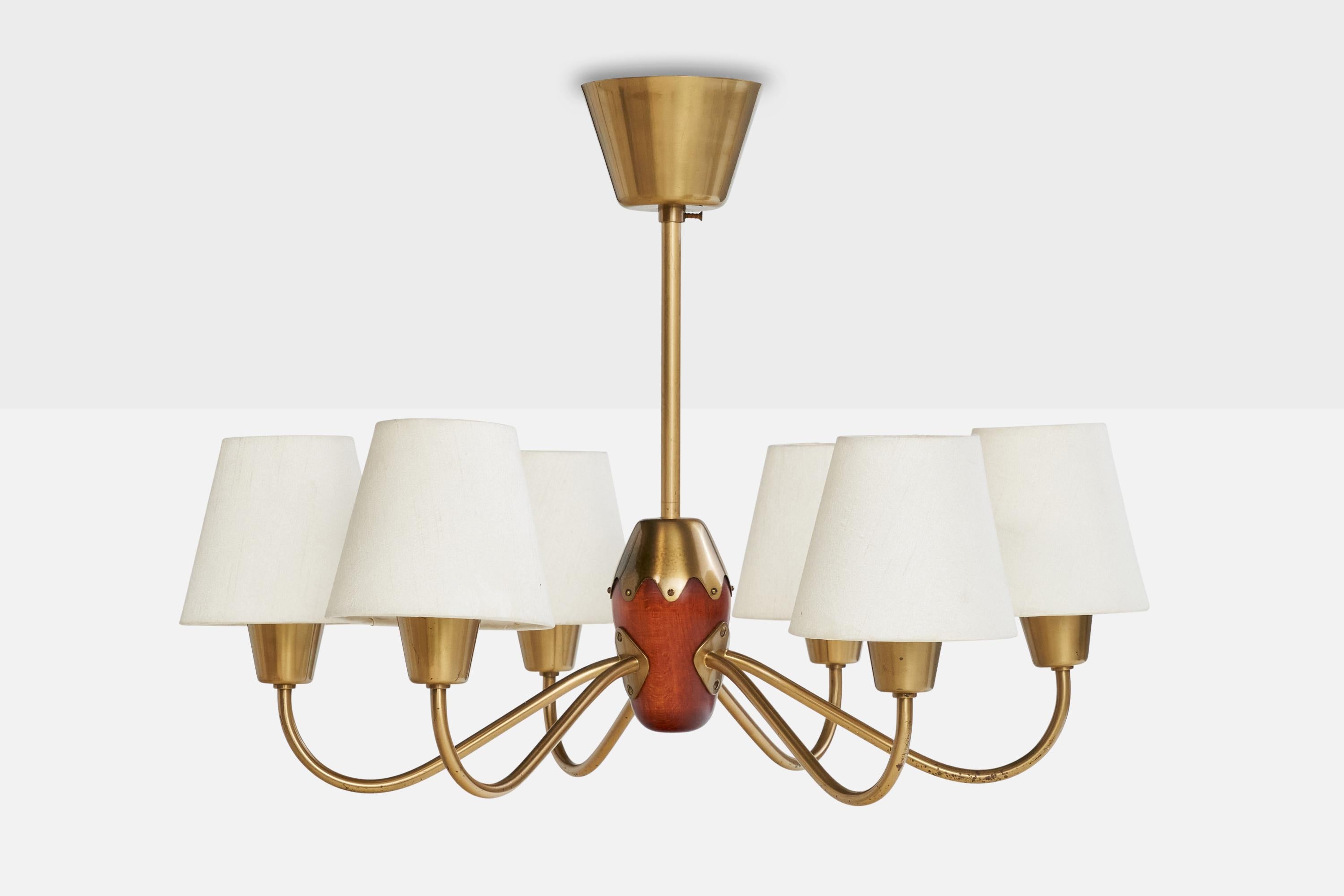 Scandinave moderne Lustre Bergboms, laiton, hêtre, tissu, Suède, années 1940 en vente