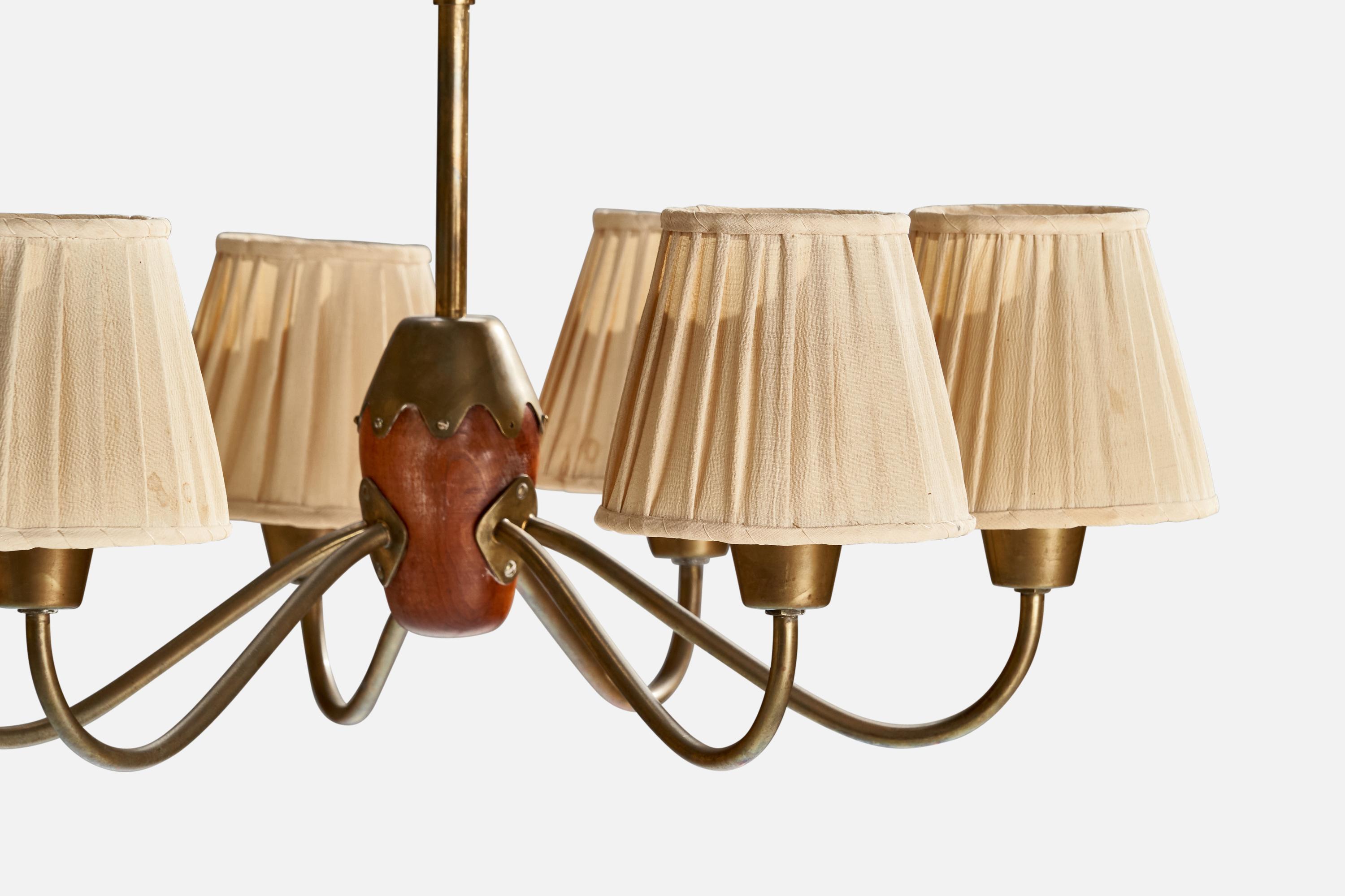 Bergboms, Chandelier, Brass, Beech, Fabric, Sweden, 1940s In Fair Condition For Sale In High Point, NC