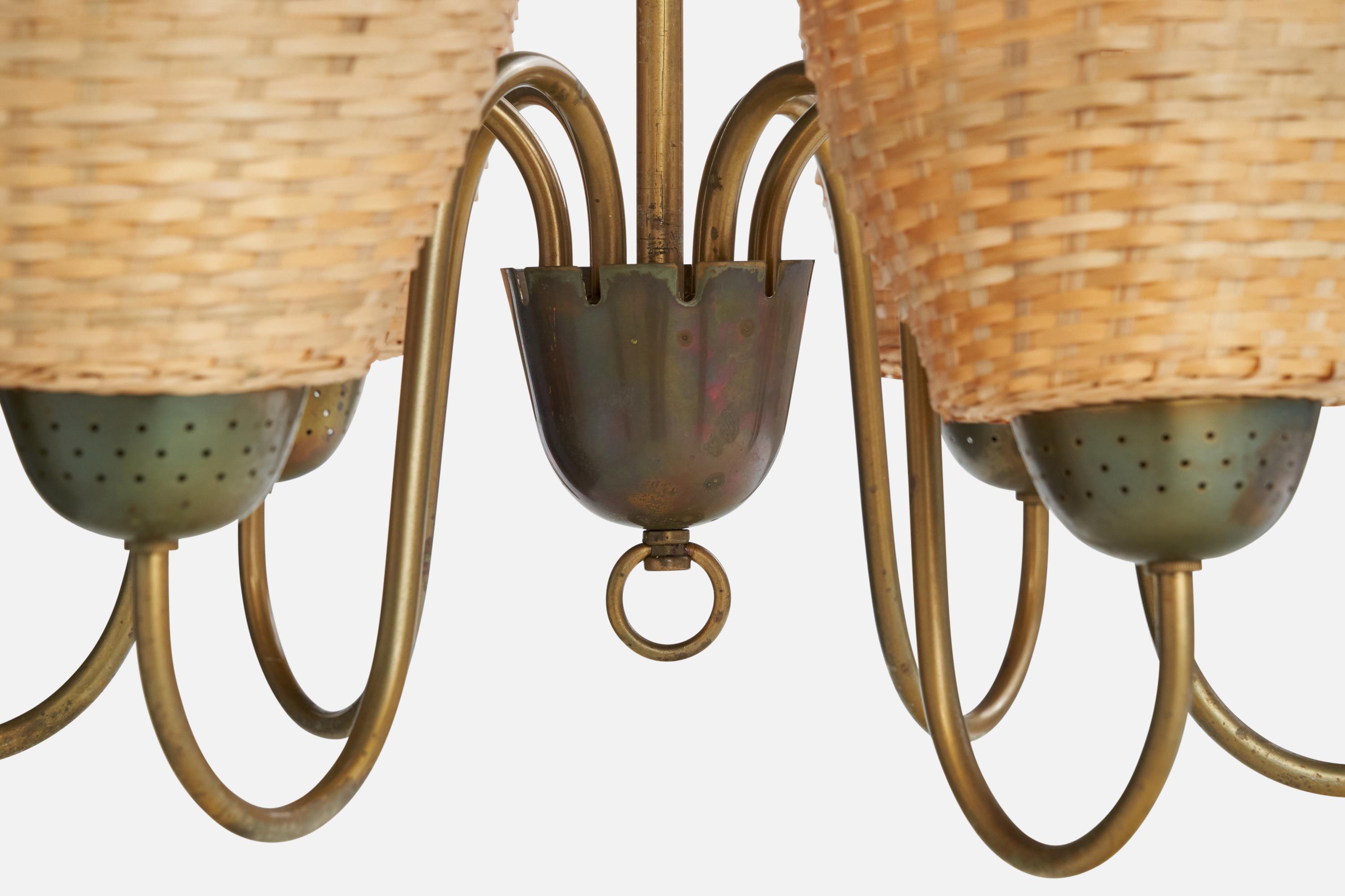 Bergboms, Chandelier, Laiton. Rattan, Suède, années 1940 en vente 2