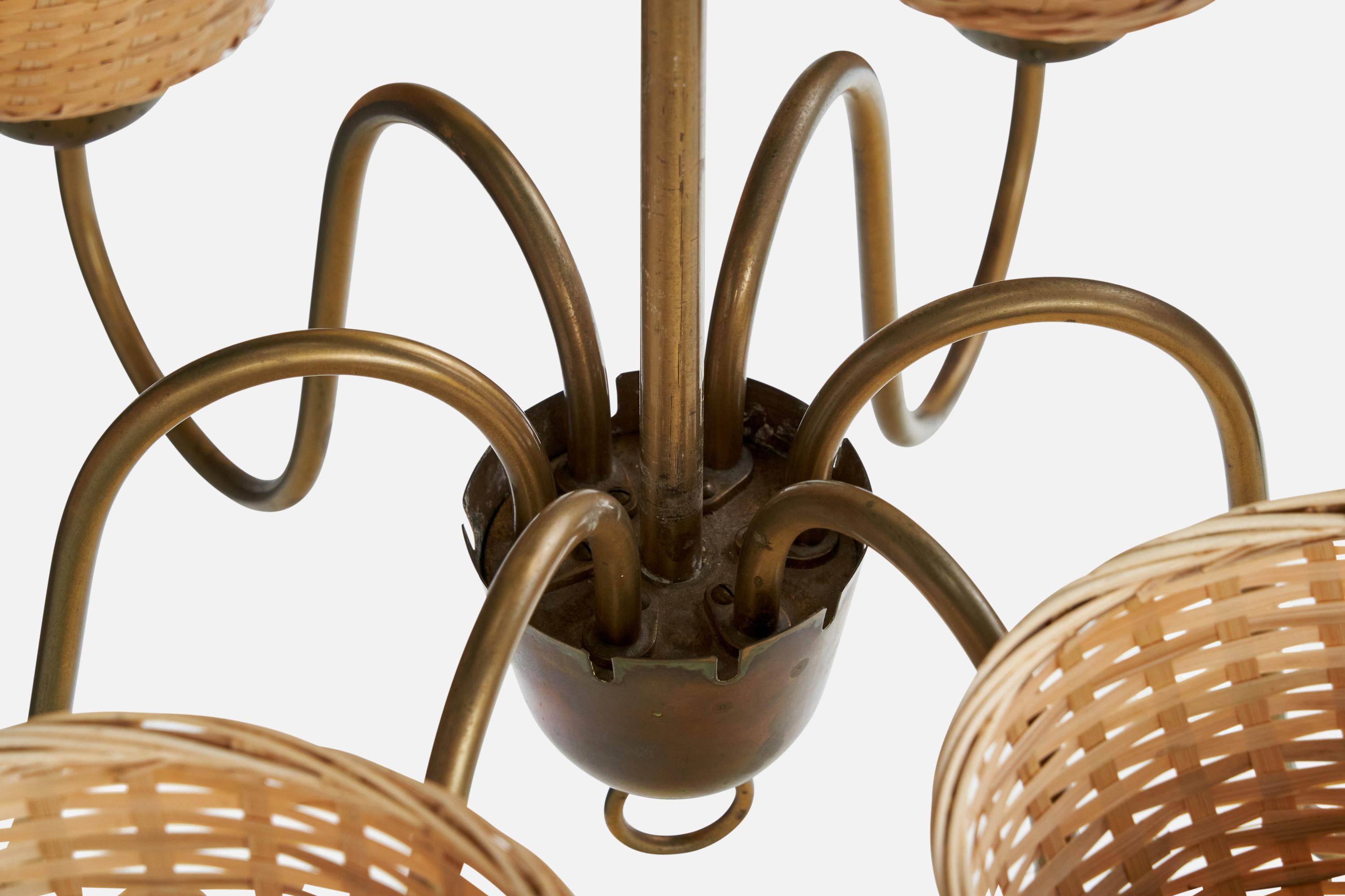 Bergboms, Chandelier, Laiton. Rattan, Suède, années 1940 en vente 3