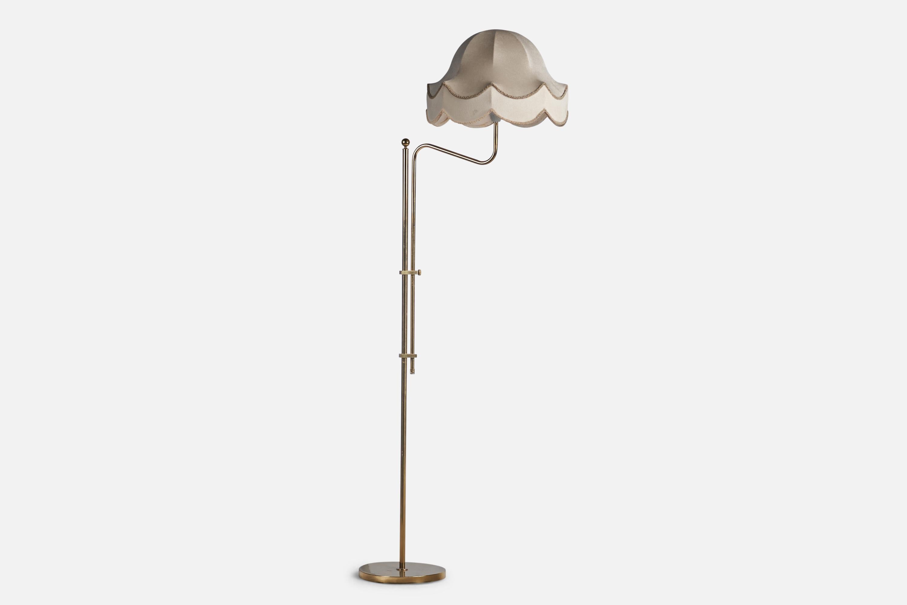 A brass and fabric floor lamp designed and produced by Bergbombs, Sweden, 1960s.

Overall Dimensions (inches): 58” H x 14” W x 22” D
Bulb Specifications: E-26 Bulb
Number of Sockets: 1
All lighting will be converted for US usage. We are unable to