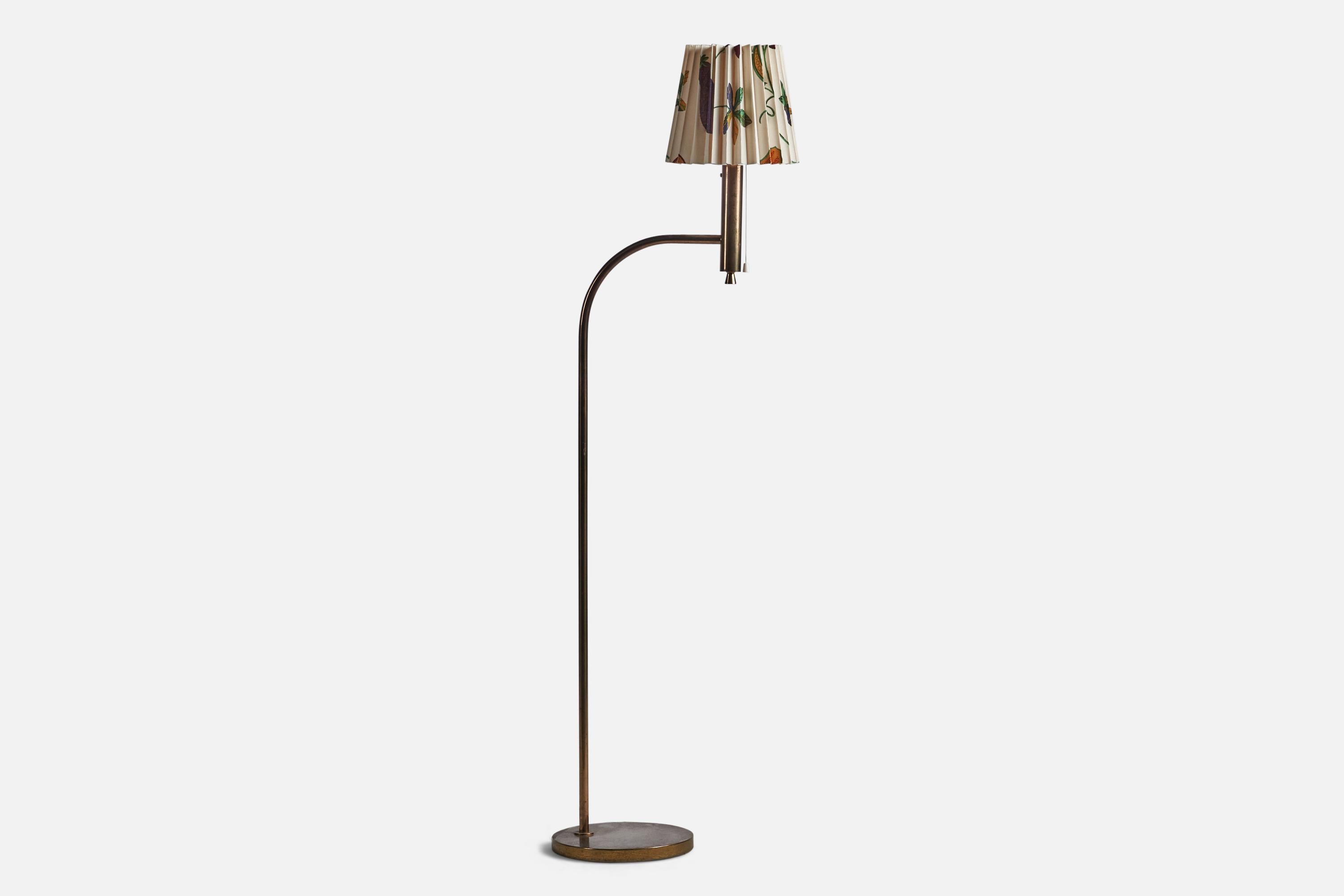 Mid-Century Modern Bergboms, Floor Lamp, Brass, Fabric, Sweden, 1960s For Sale