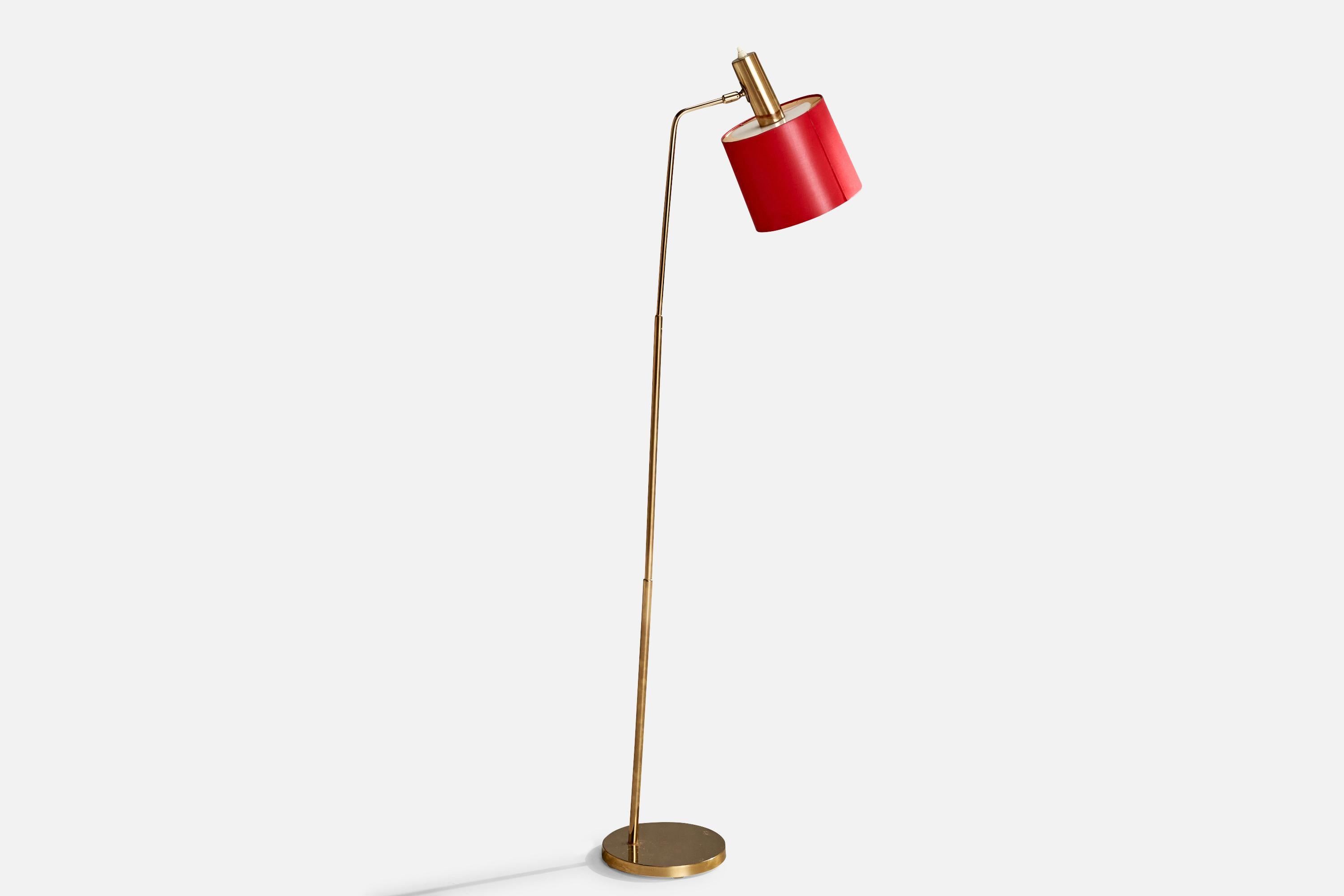 An adjustable brass, acrylic and red paper floor lamp produced by Bergboms, Sweden, c. 1960s.

Dimensions of Lamp with Shade(inches): 51.125” H x 8” W x 17.25” D
Bulb Specifications: E-26 Bulbs
Number of Sockets (per fixture): 1
Sold with